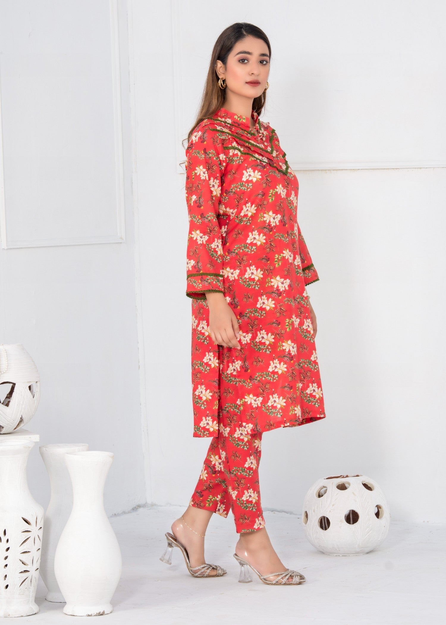 slub khaddar Unstitched in Coral pink