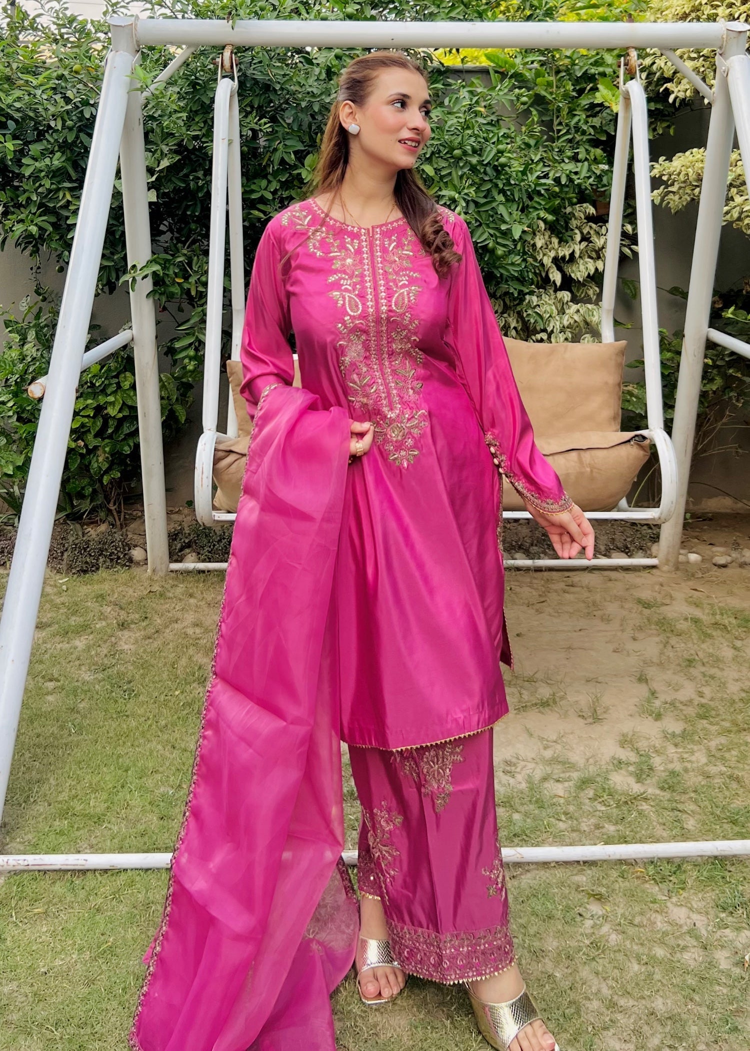silk Kurta Set in Zinnia pink