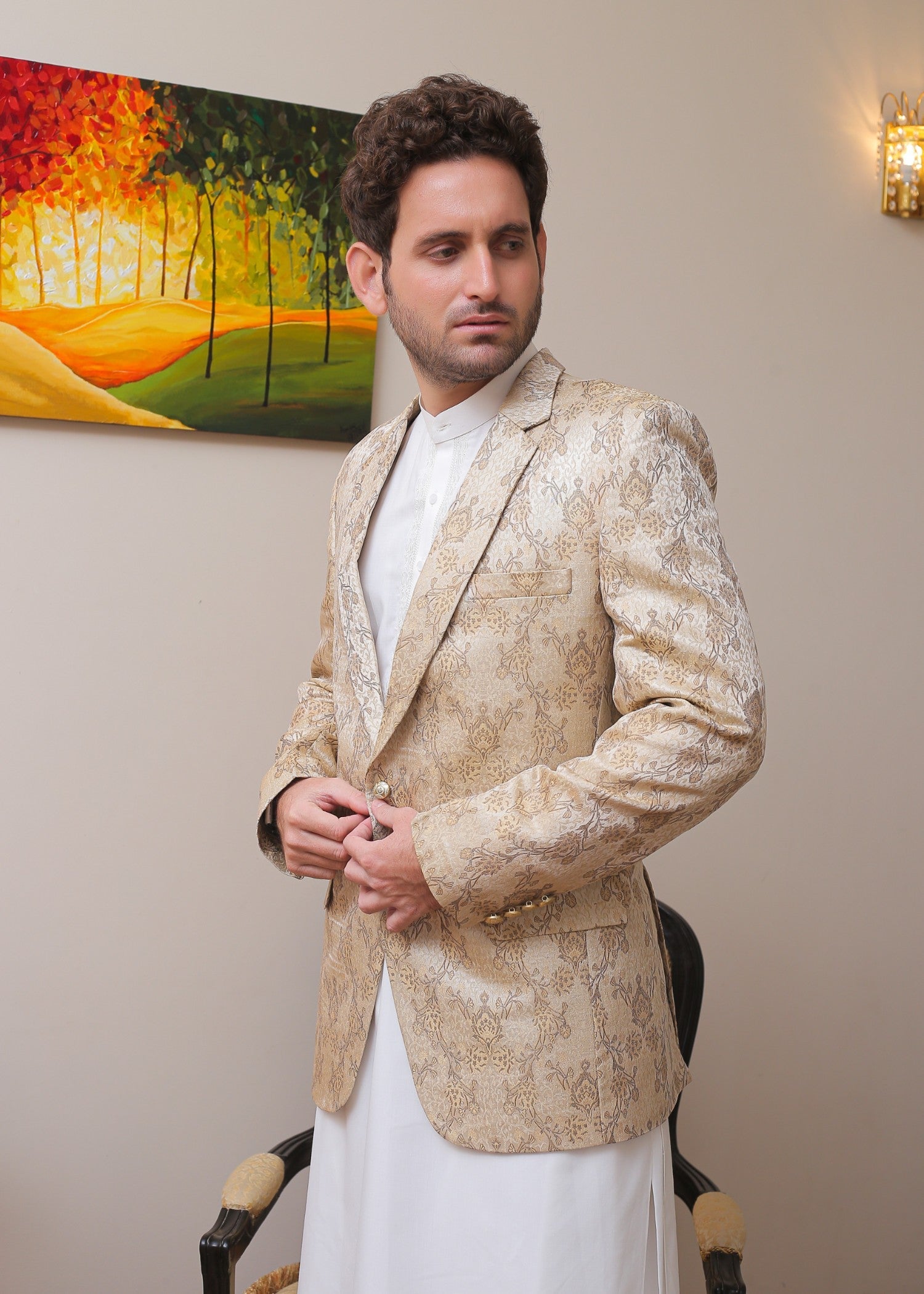 banarsi silk Prince Coat in Beige