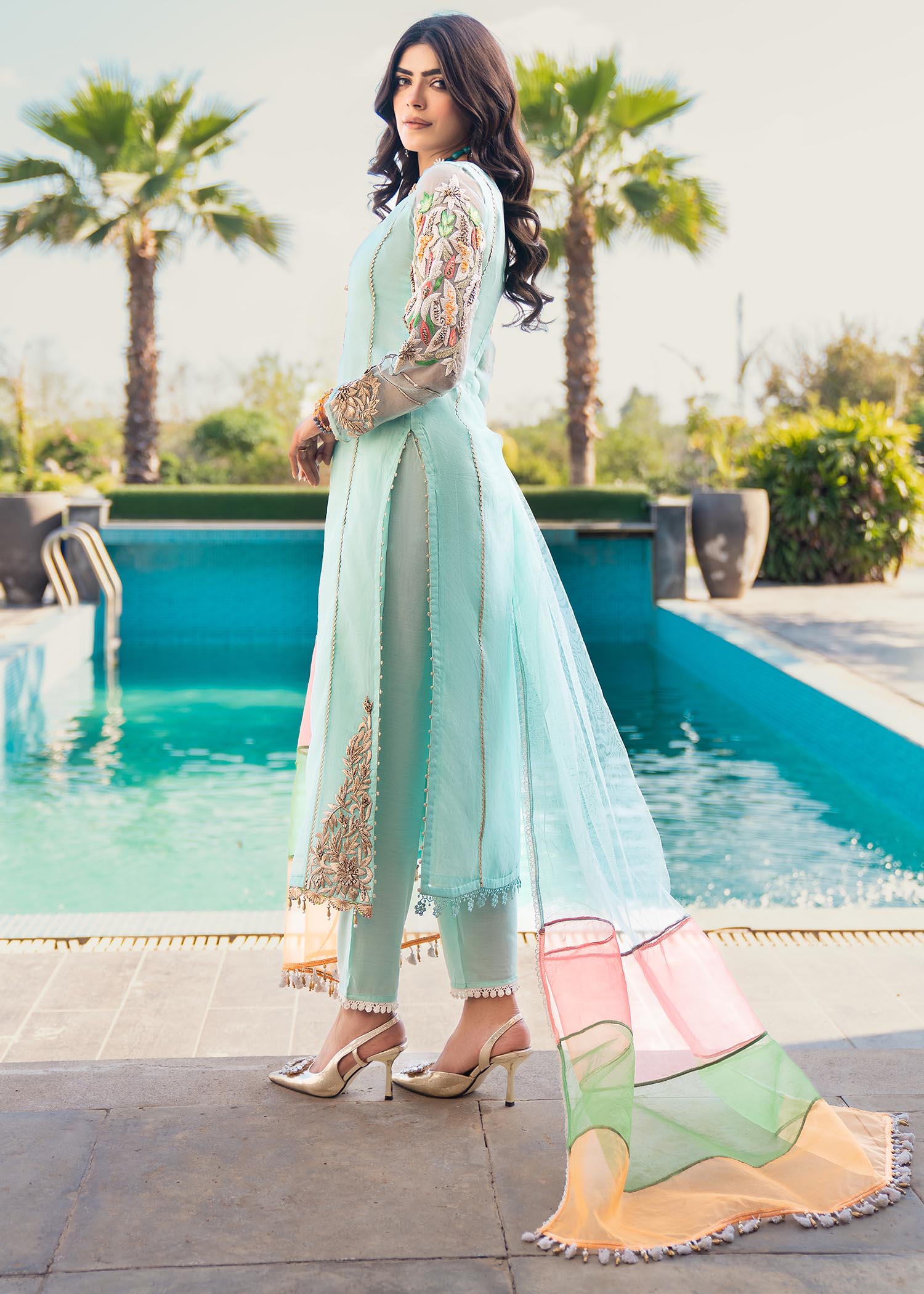 organza Kurta Set in Light cyan