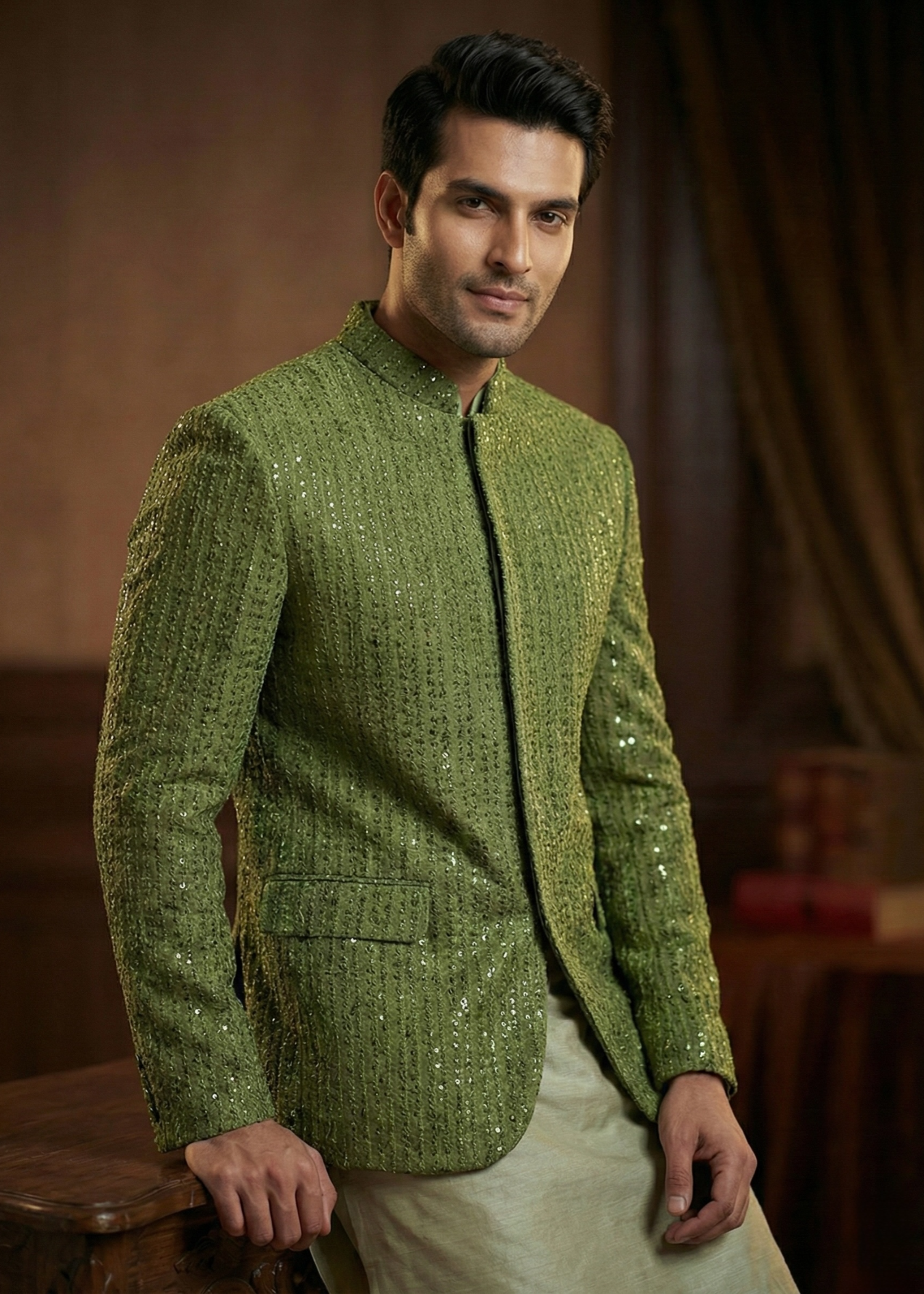 raw silk Prince Coat in Olive green