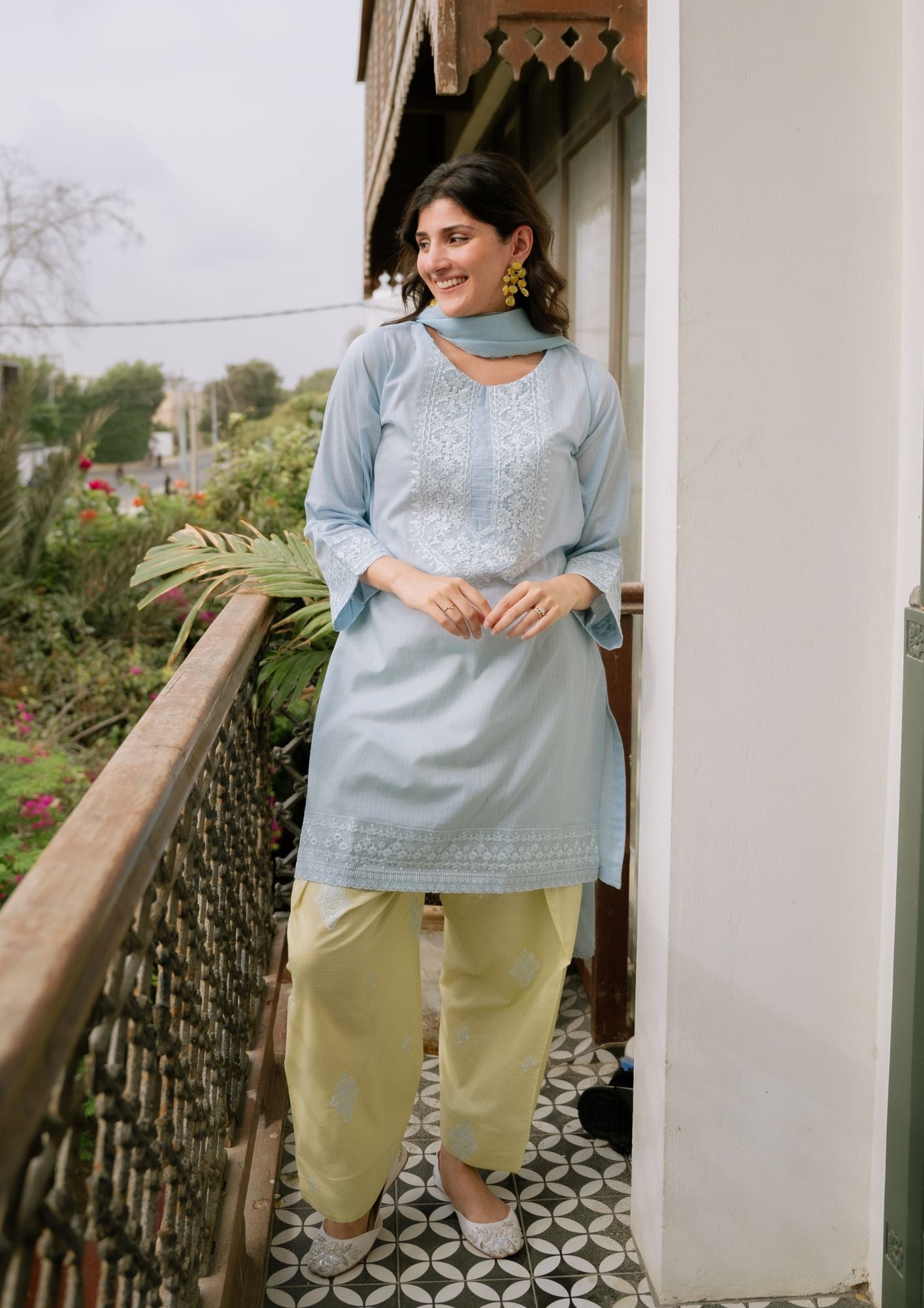 lawn Kurta Set in Ice blue, lemon chiffon
