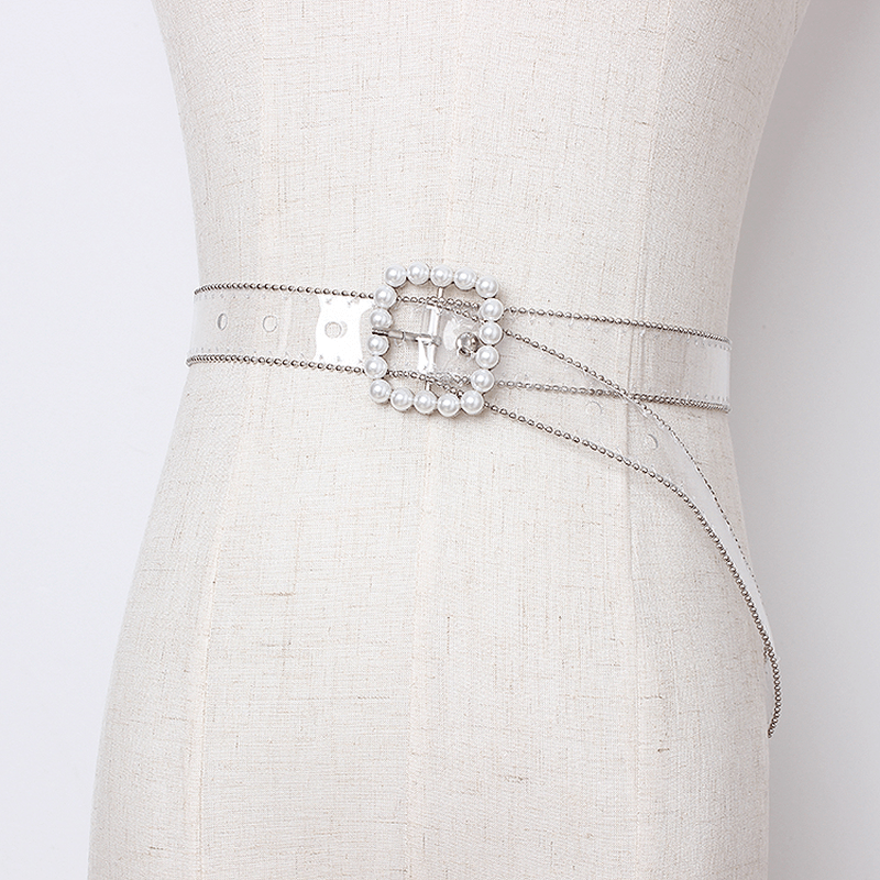 Transparent Plastic Pearl Buckle Women'S Belt