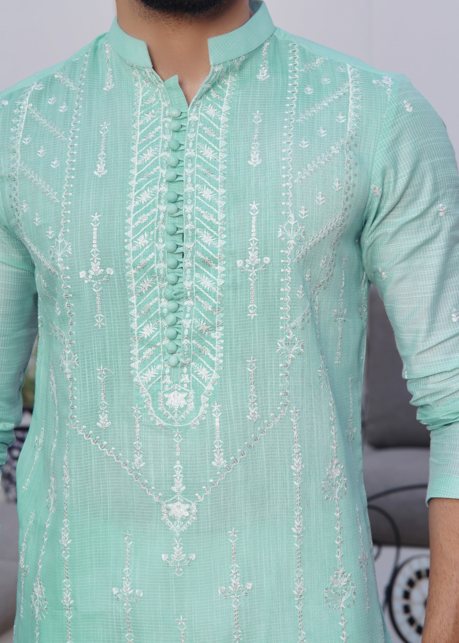 khaddi net Kurta Set in Sky blue