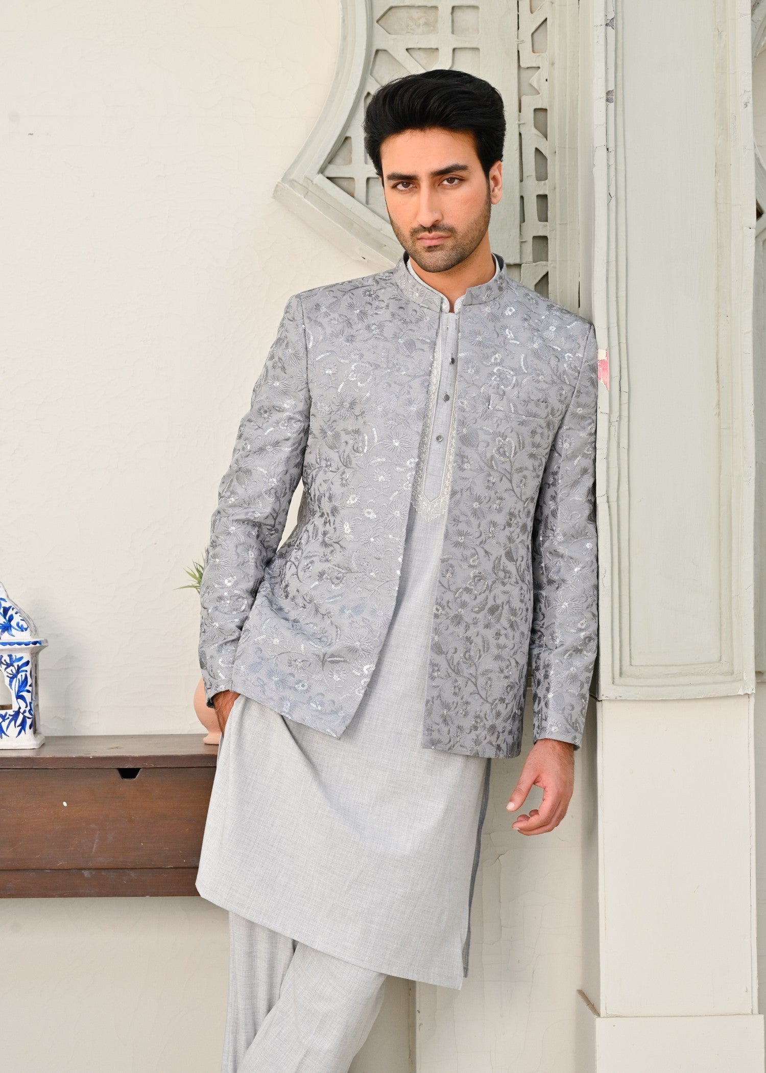 raw silk Prince Coat in Grey