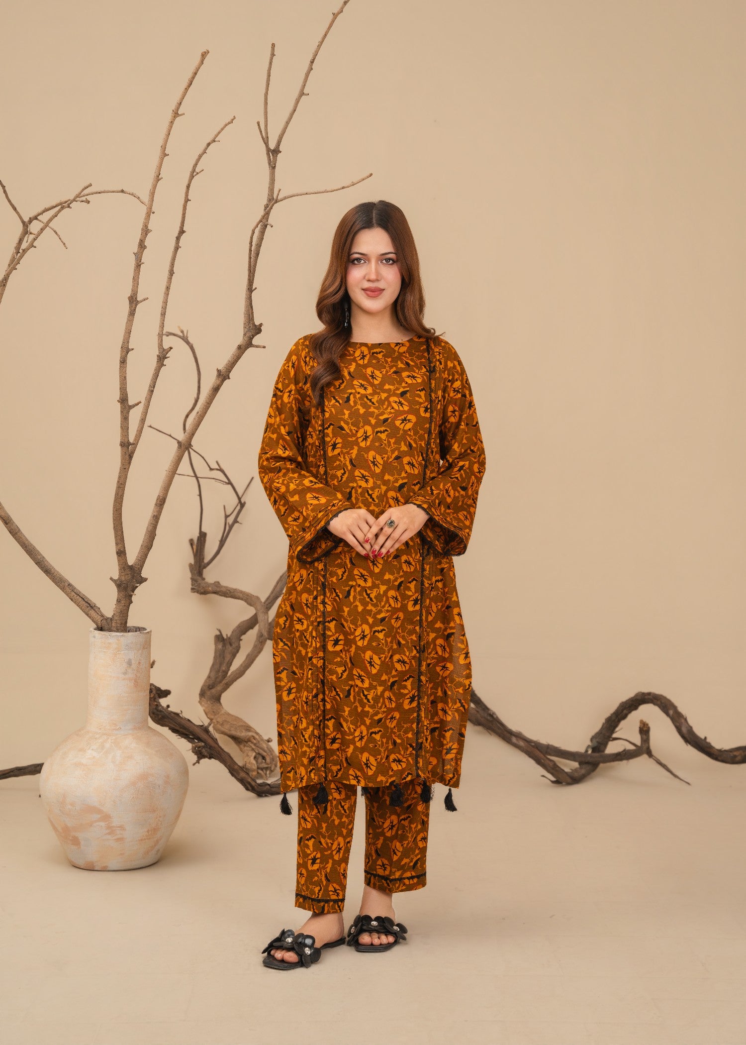 lawn Kurta Set in Walnut brown, sand brown
