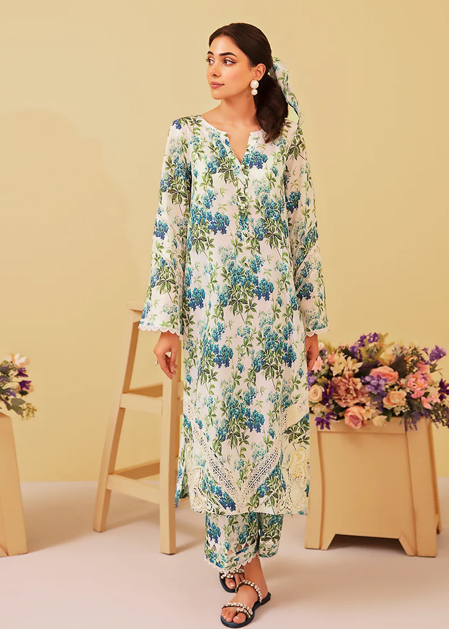 lawn Co Ord Sets in Teal, ivory