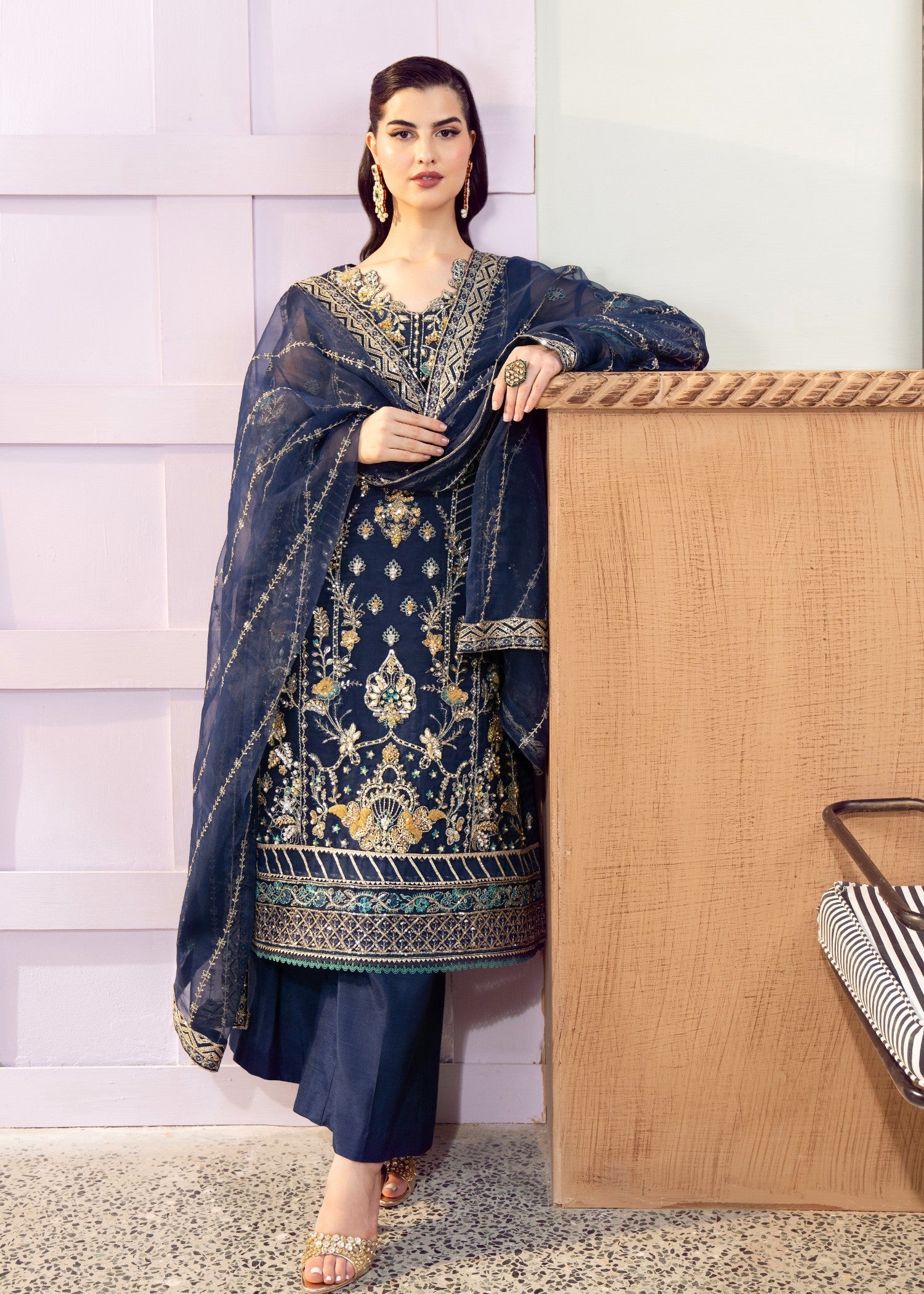 organza Unstitched in Navy blue