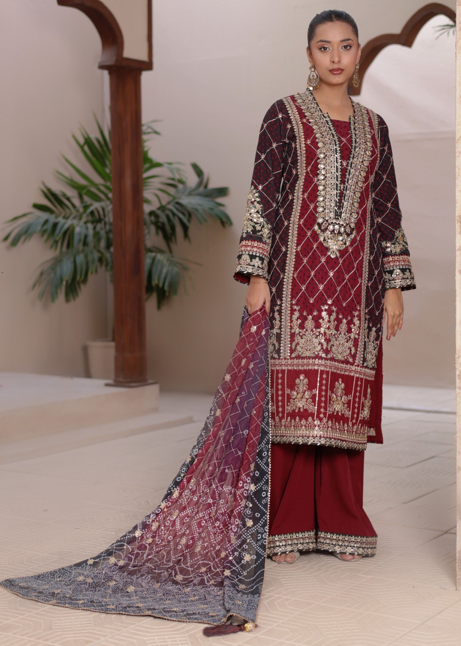 bemberg crinkle chiffon Kurta Set in Maroon