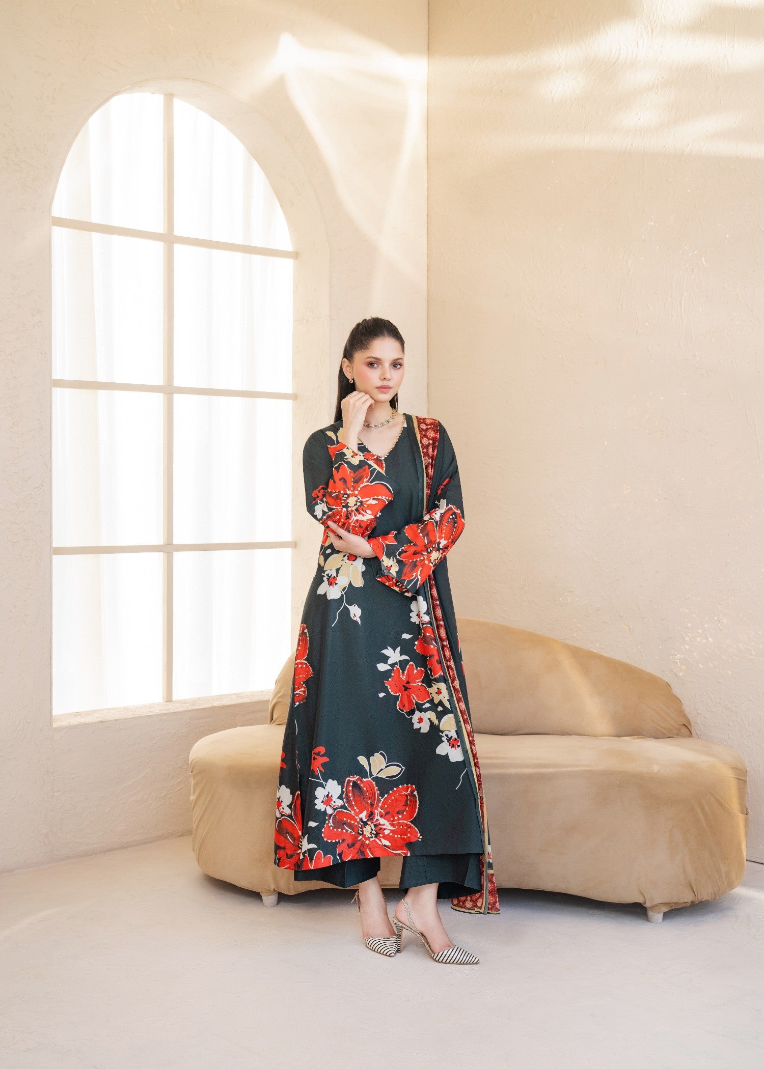 silk grip Kurta Set in Pumpkin orange, claret, charcoal black