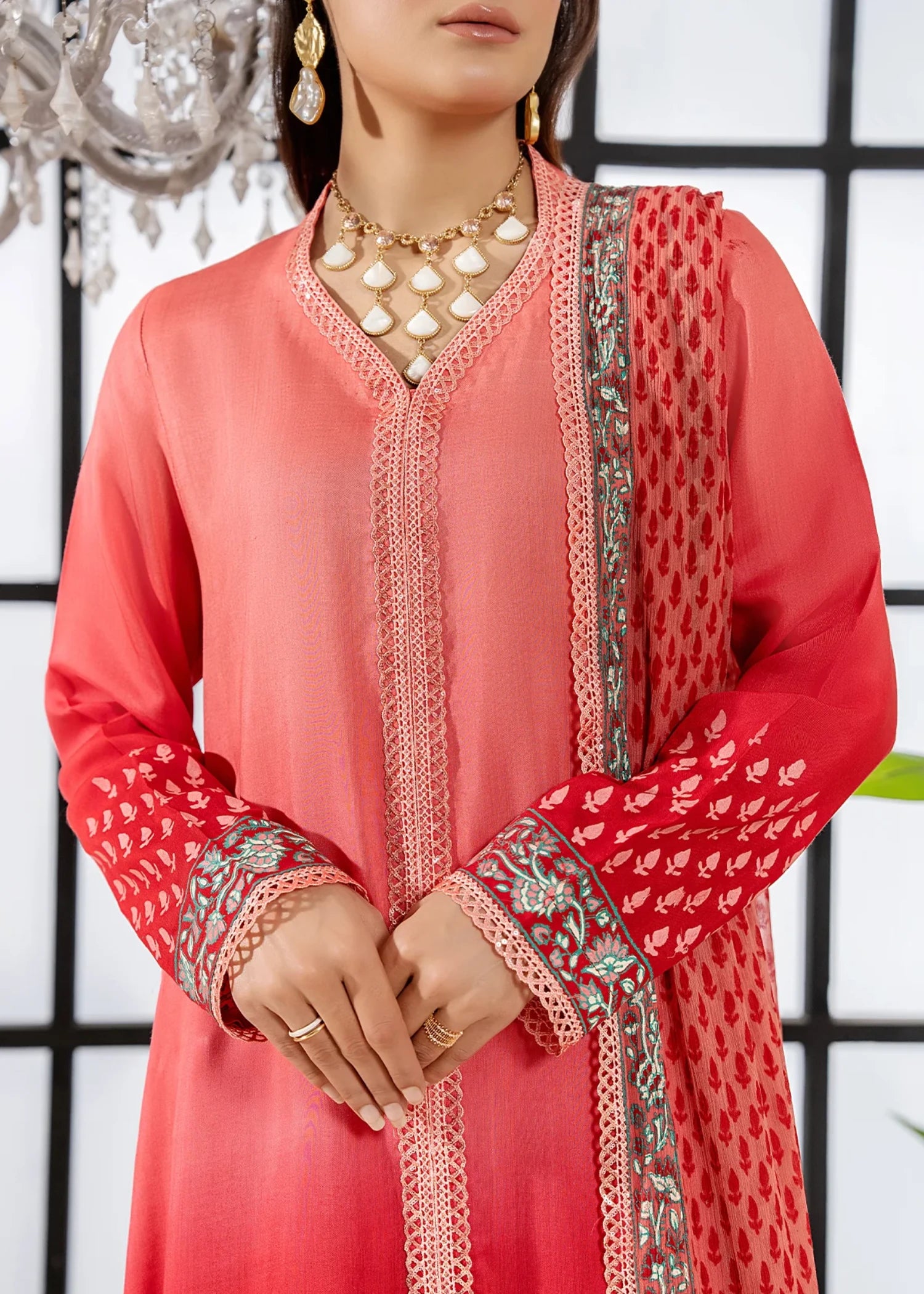 raw silk Unstitched in Coral pink