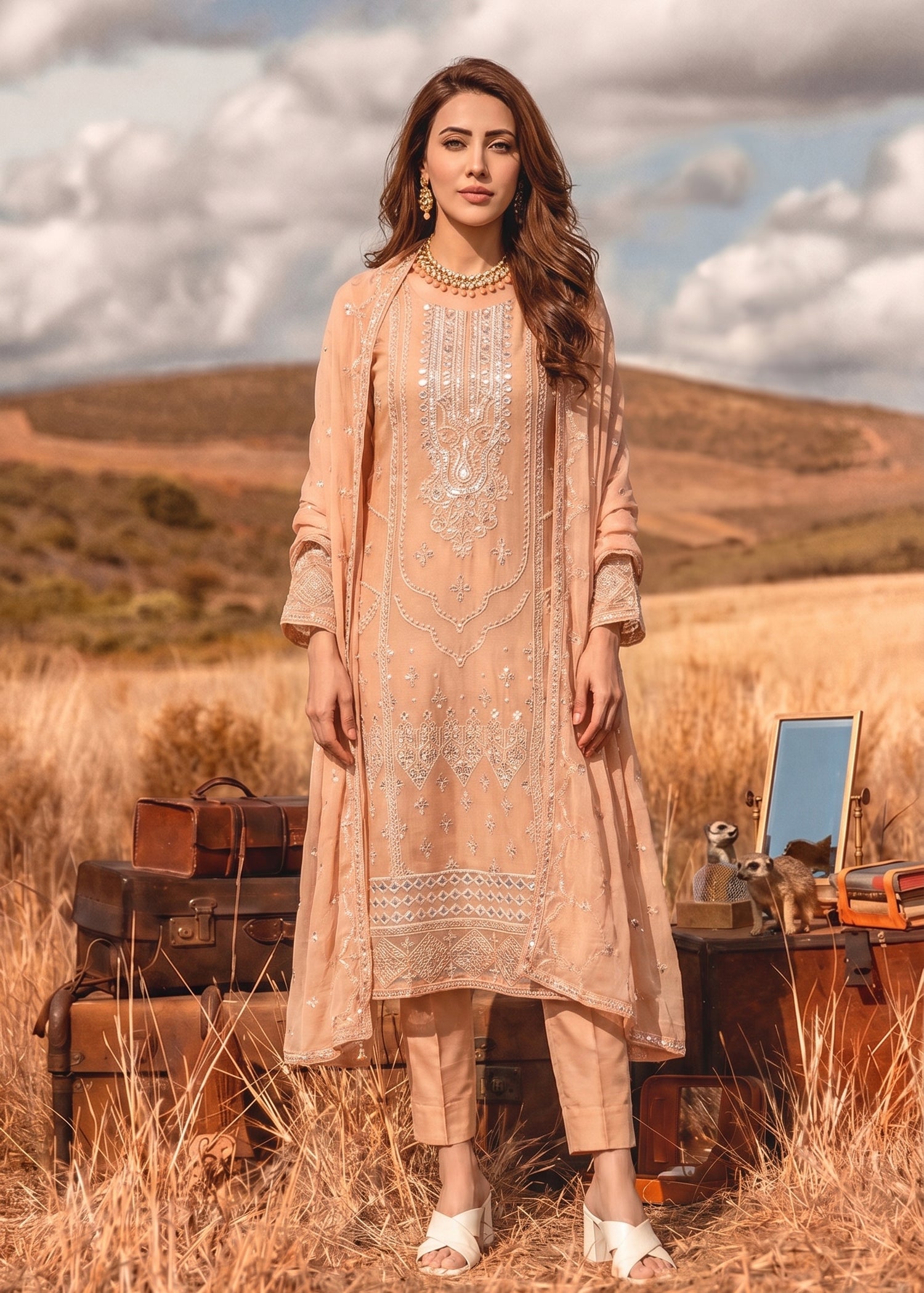chiffon Kurta Set in Marmalade orange