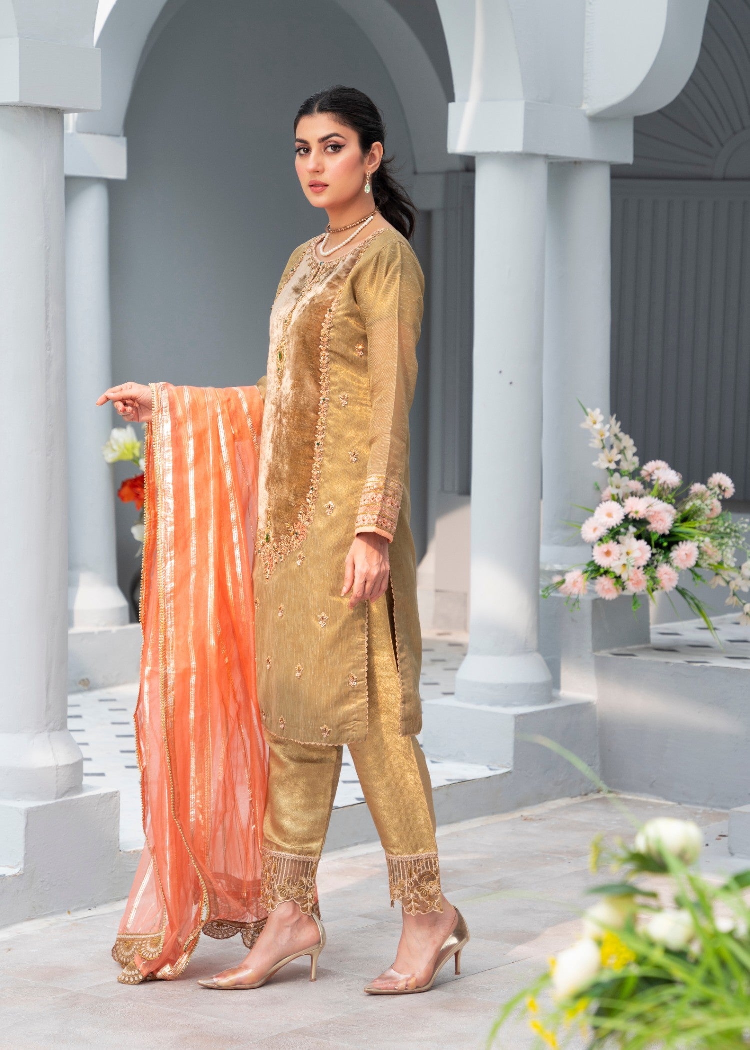 khaddi net Kurta Set in Brown