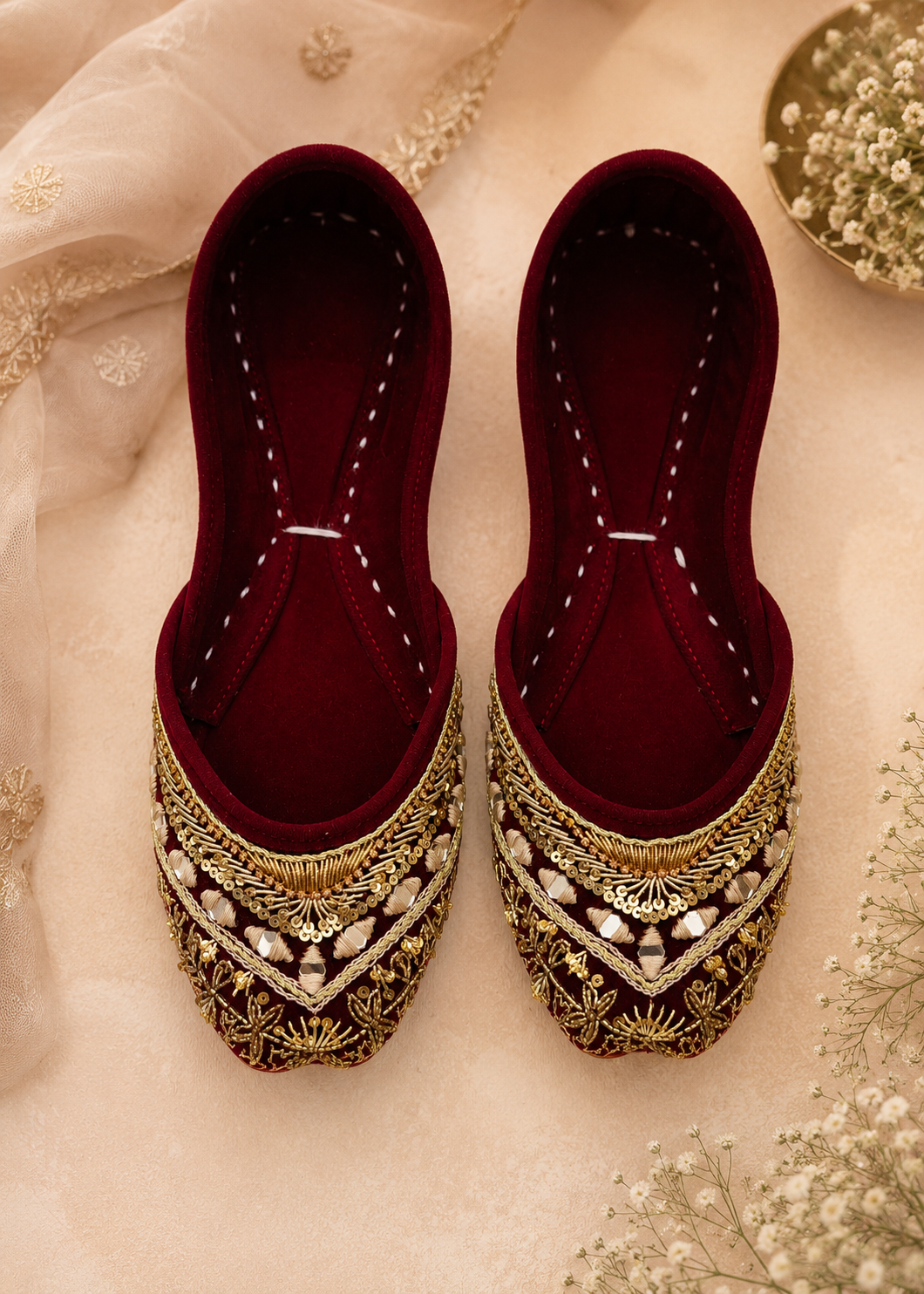 Khussa in Maroon, gold by - High Quality Women Khussa YSG3451