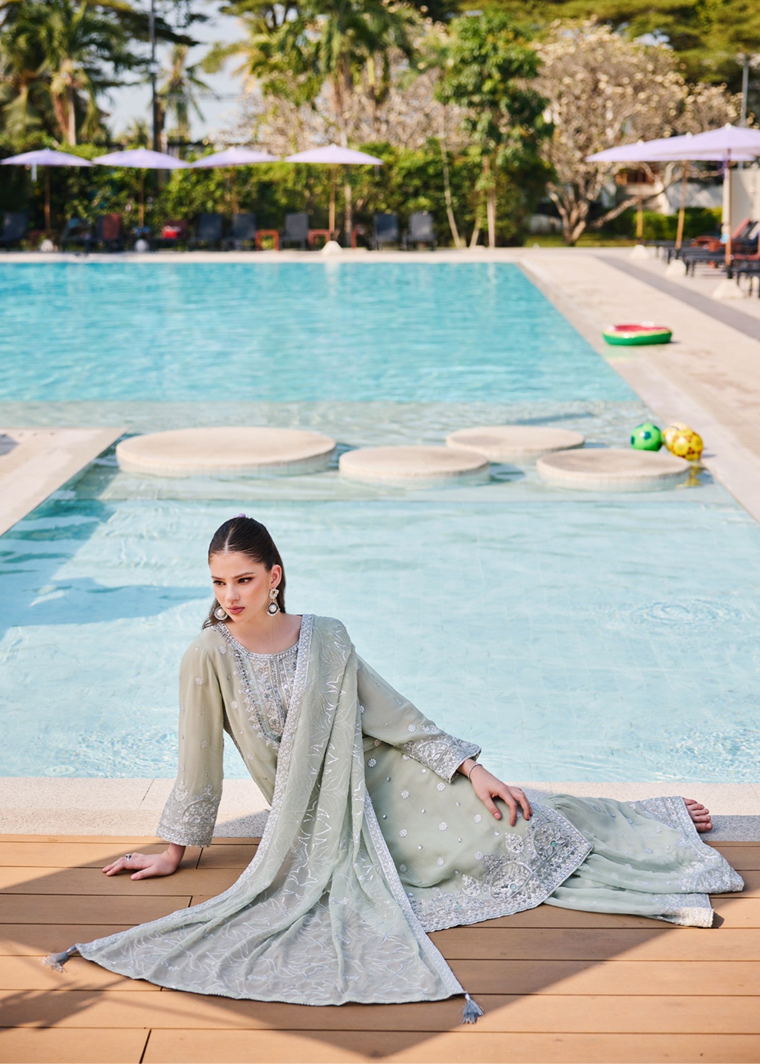 chiffon Gharara in Moss green
