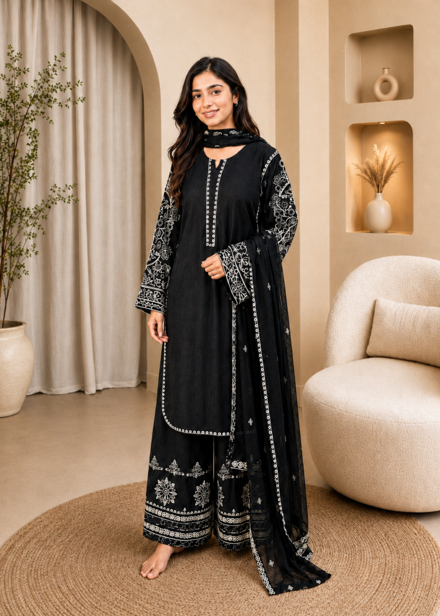 lawn cotton Kurta Set in White, jet black