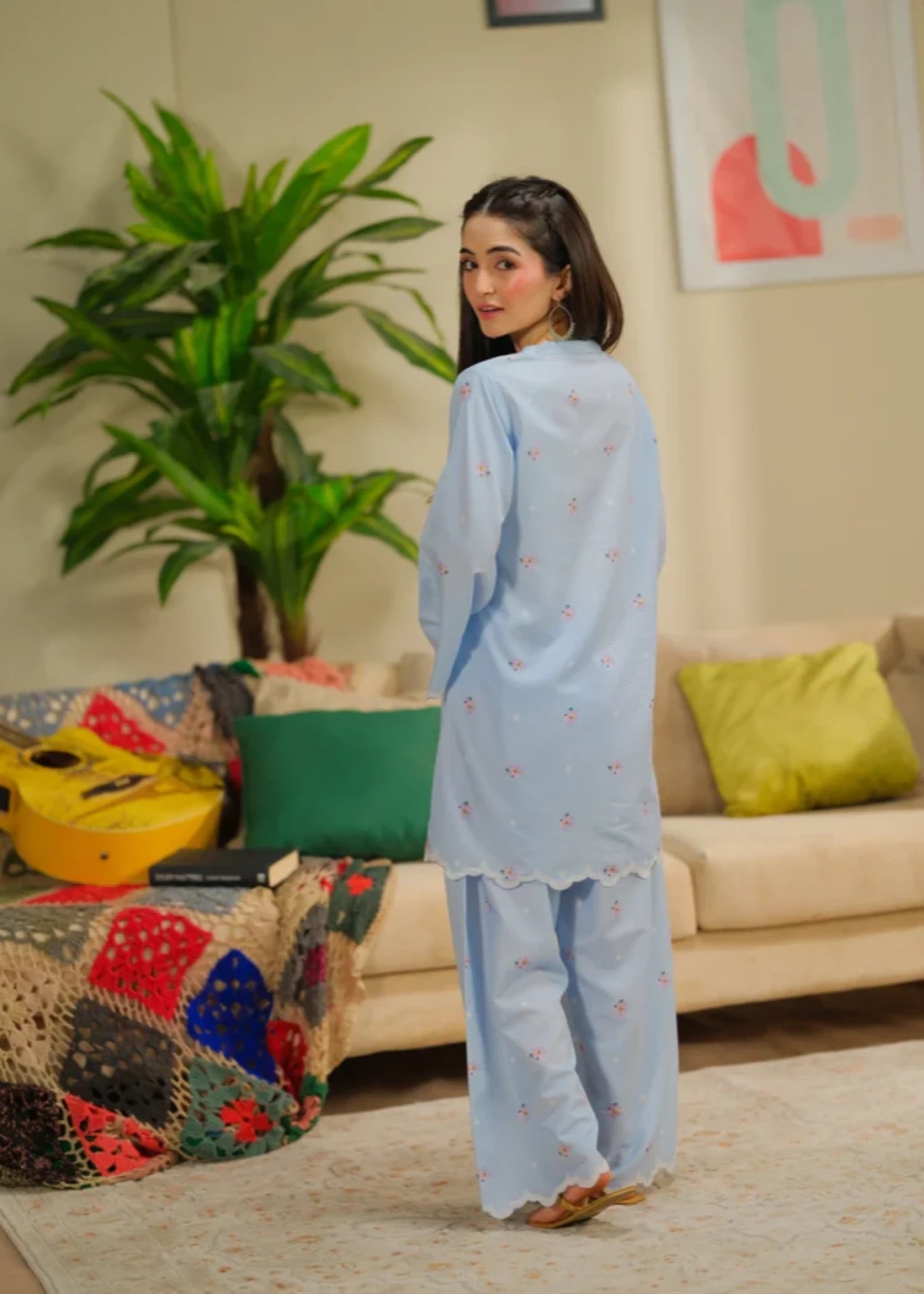 cambric Kurta Set in Light blue