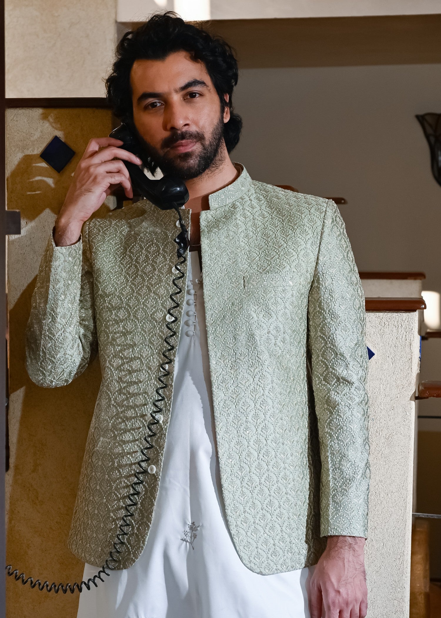 raw silk Prince Coat in Sage green
