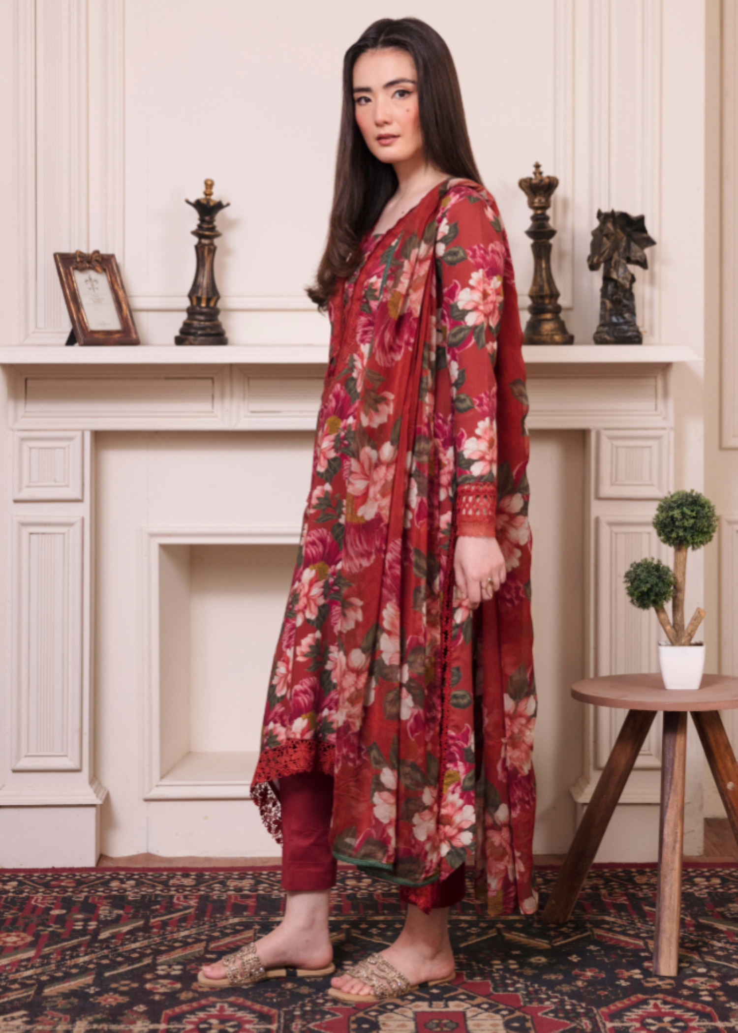 satin viscose Unstitched in Carmine
