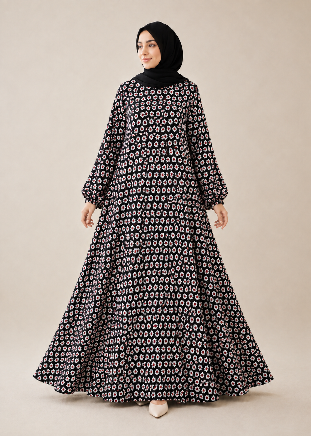 crepe georgette Abaya in Black, white, yellow-orange