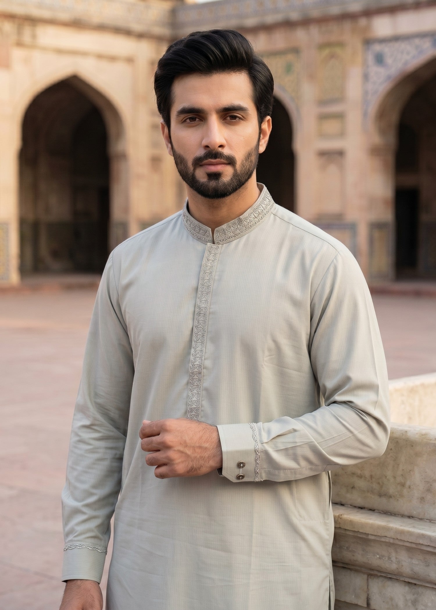 textured wash & wear Shalwar Kameez in Moss green