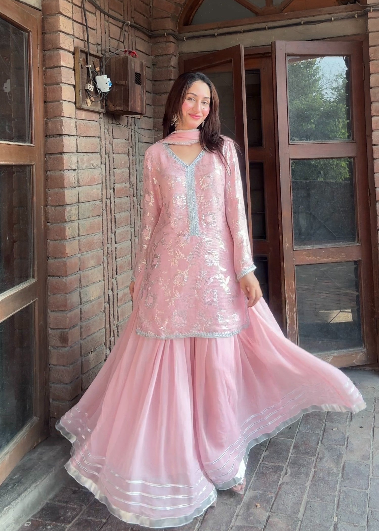 bemberg crinkle chiffon Sharara in Pastel pink