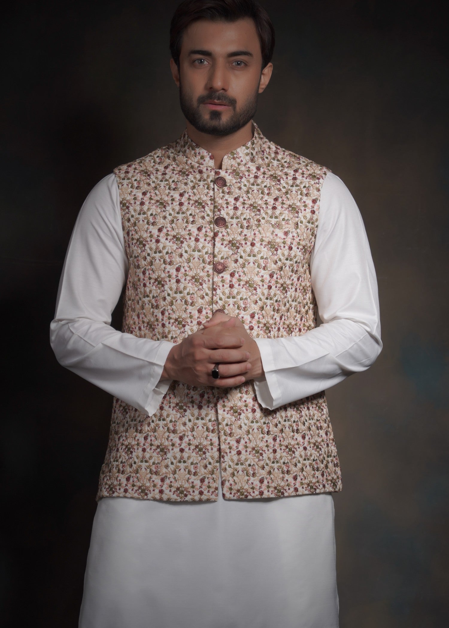 raw silk Waistcoat in Ivory by House Of Arsalan Iqbal