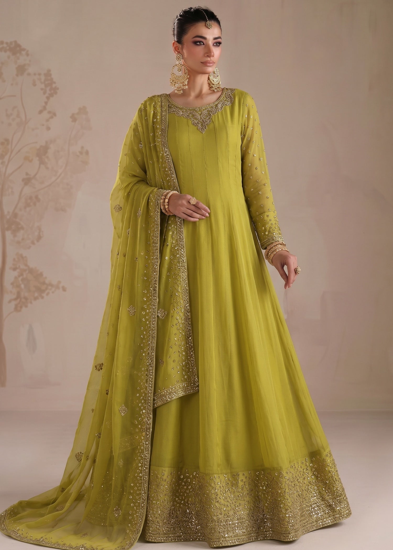 chiffon Pishwas in Apple green