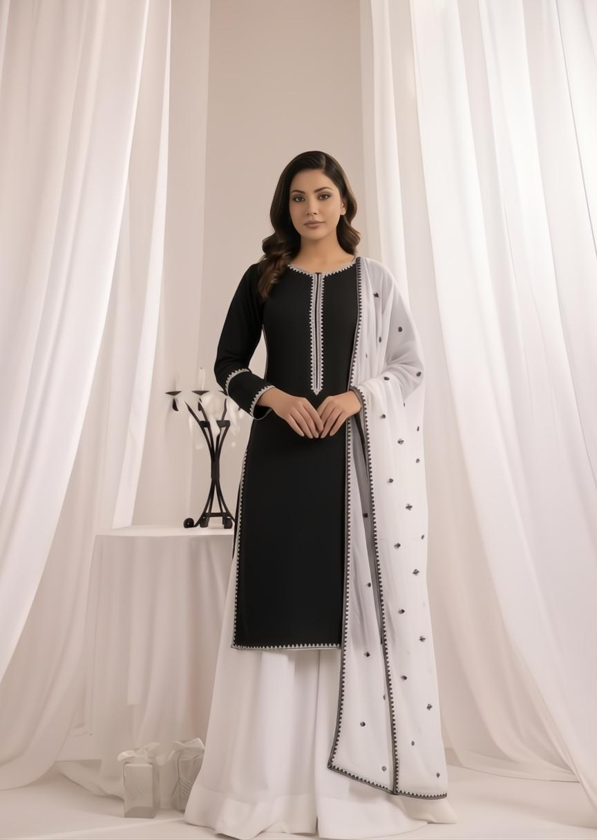 lawn cotton Sharara in Black, white