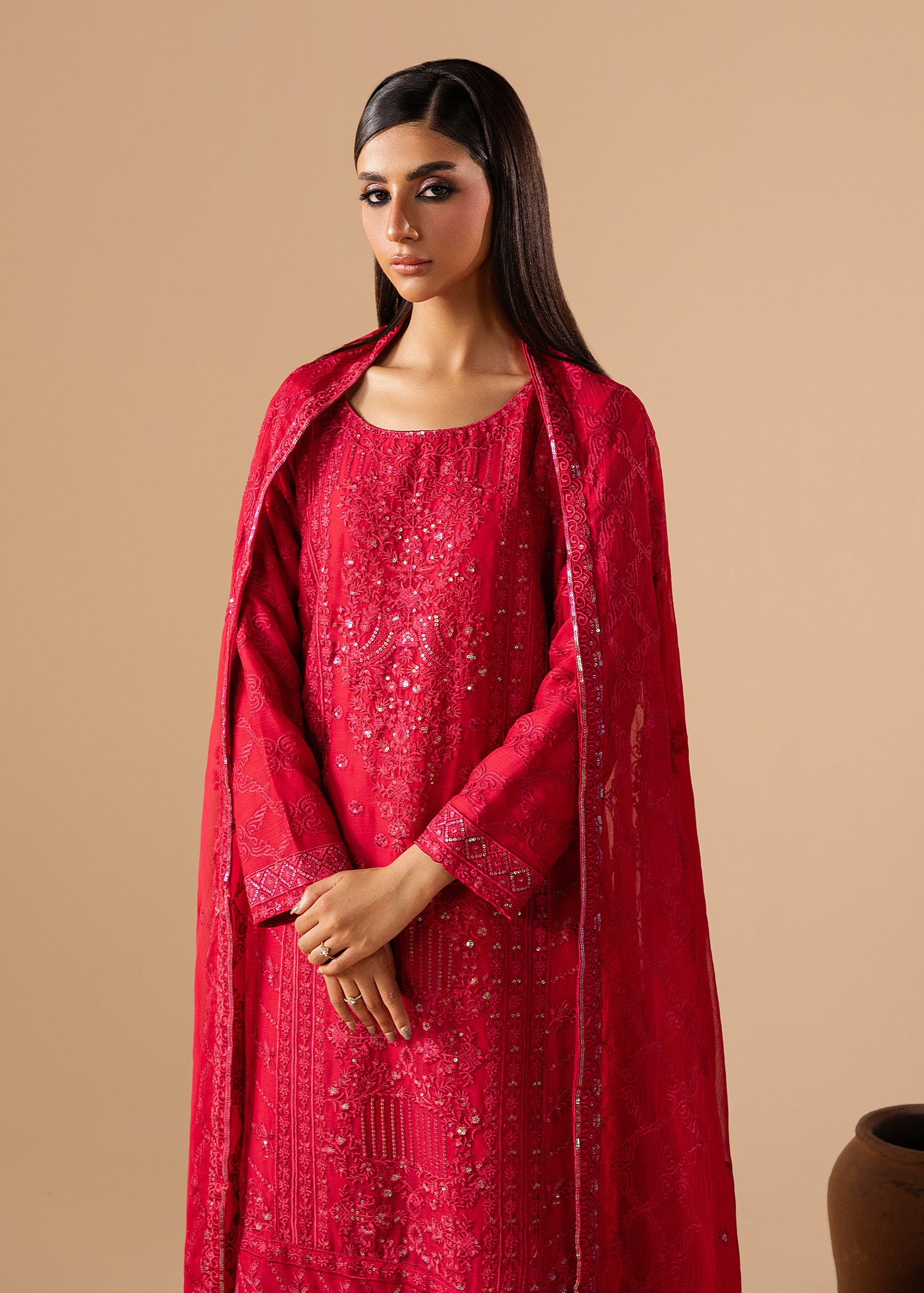 chiffon Kurta Set in Ruby red