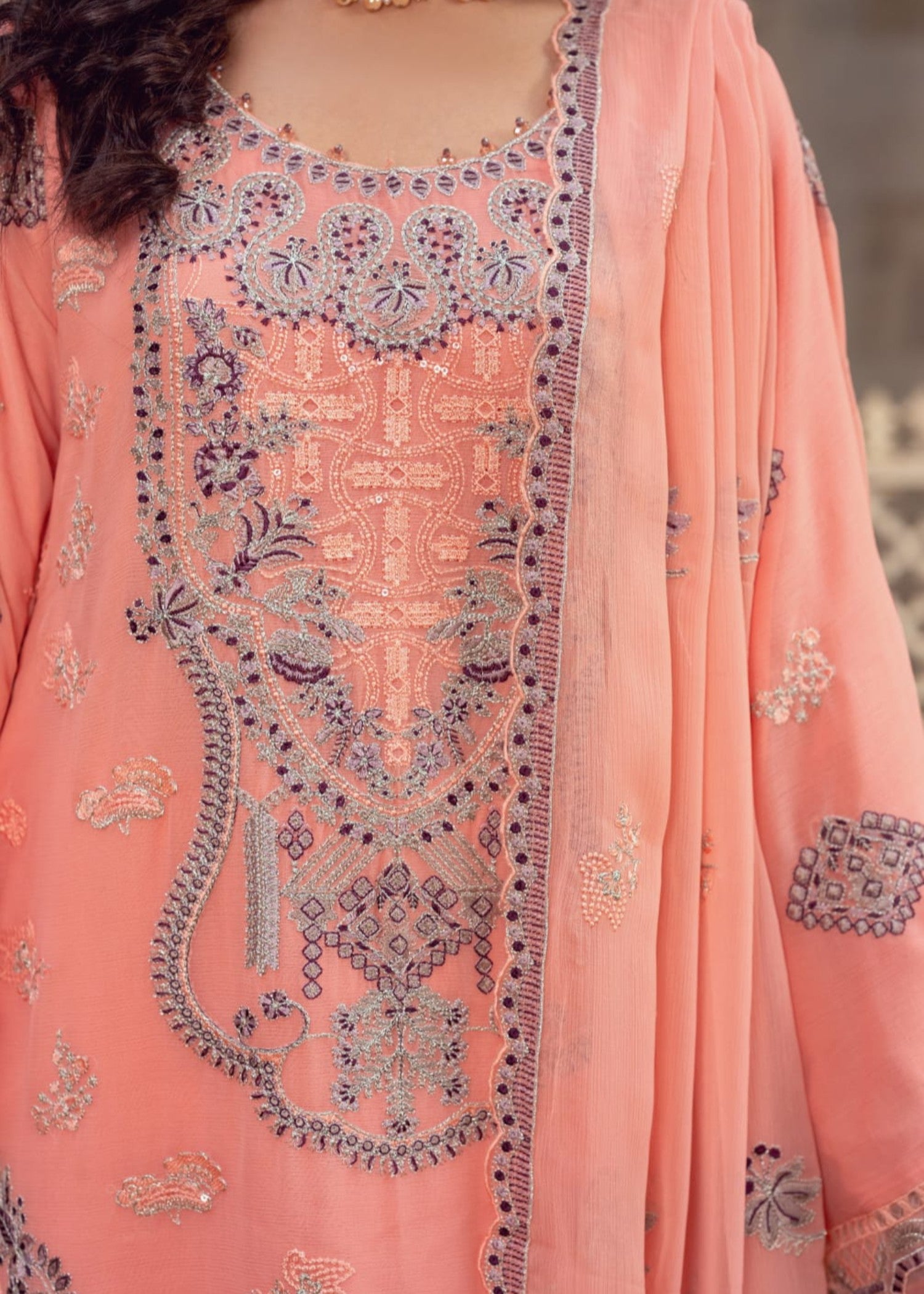chiffon Kurta Set in Peach pink