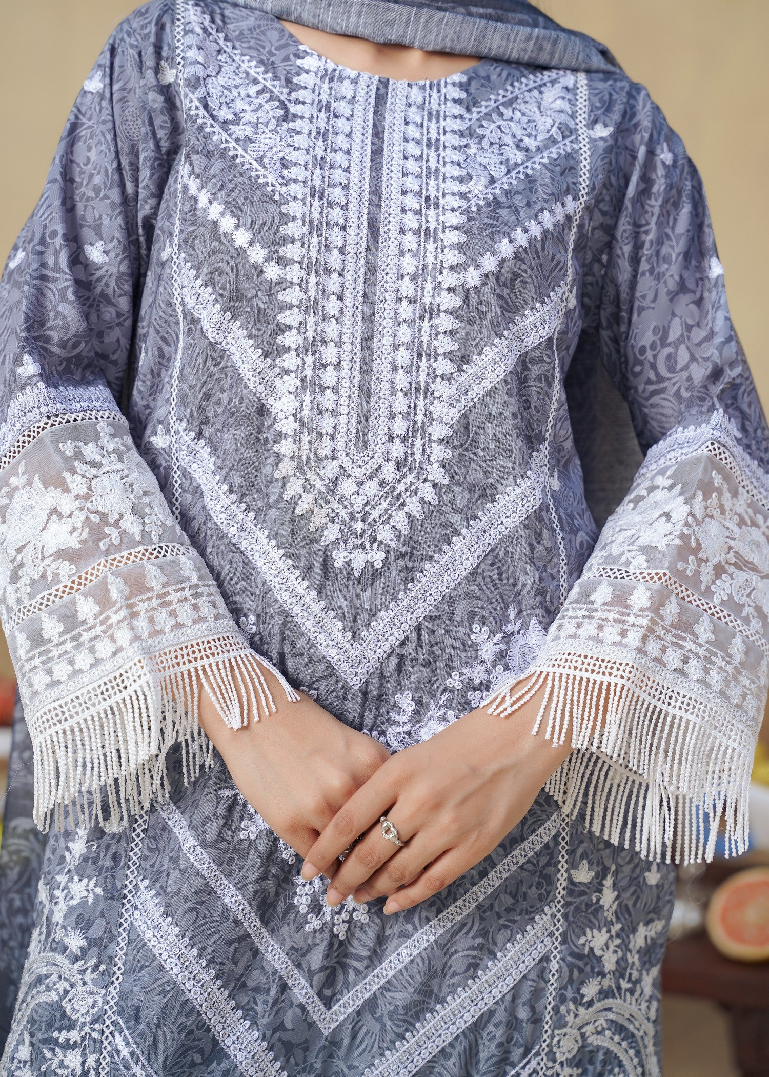 khaddi net Kurta Set in Cool grey