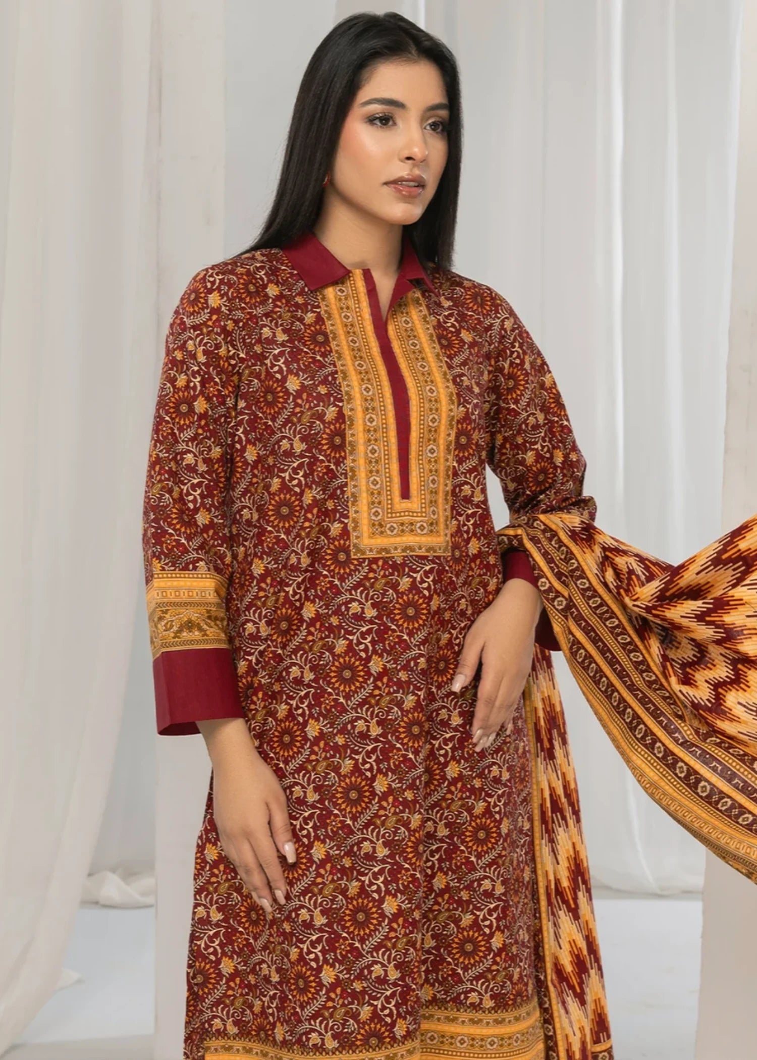 khaddar Unstitched in Burgundy, beeswax
