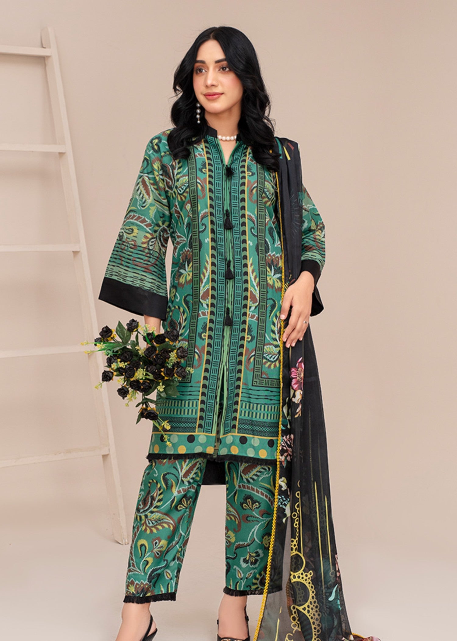 poly lawn Kurta Set in Pine green