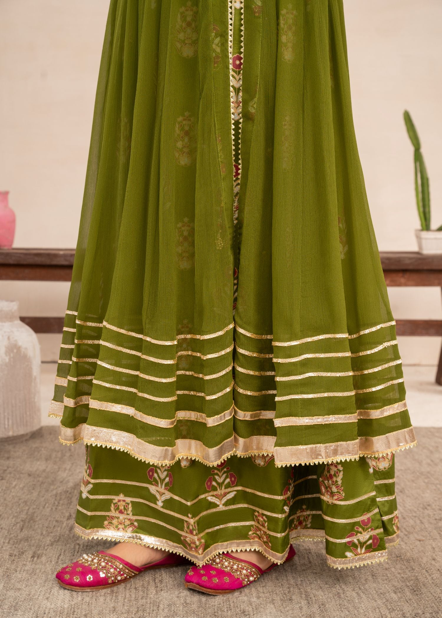 chiffon Angrakha in Olive green