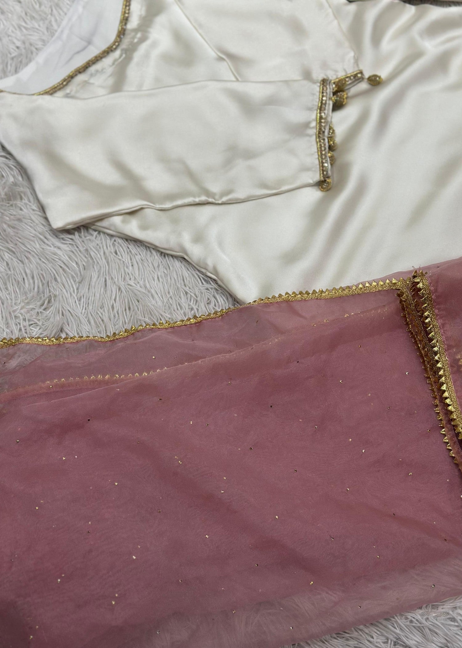 silk Kurta Set in Tea rose pink, floral white