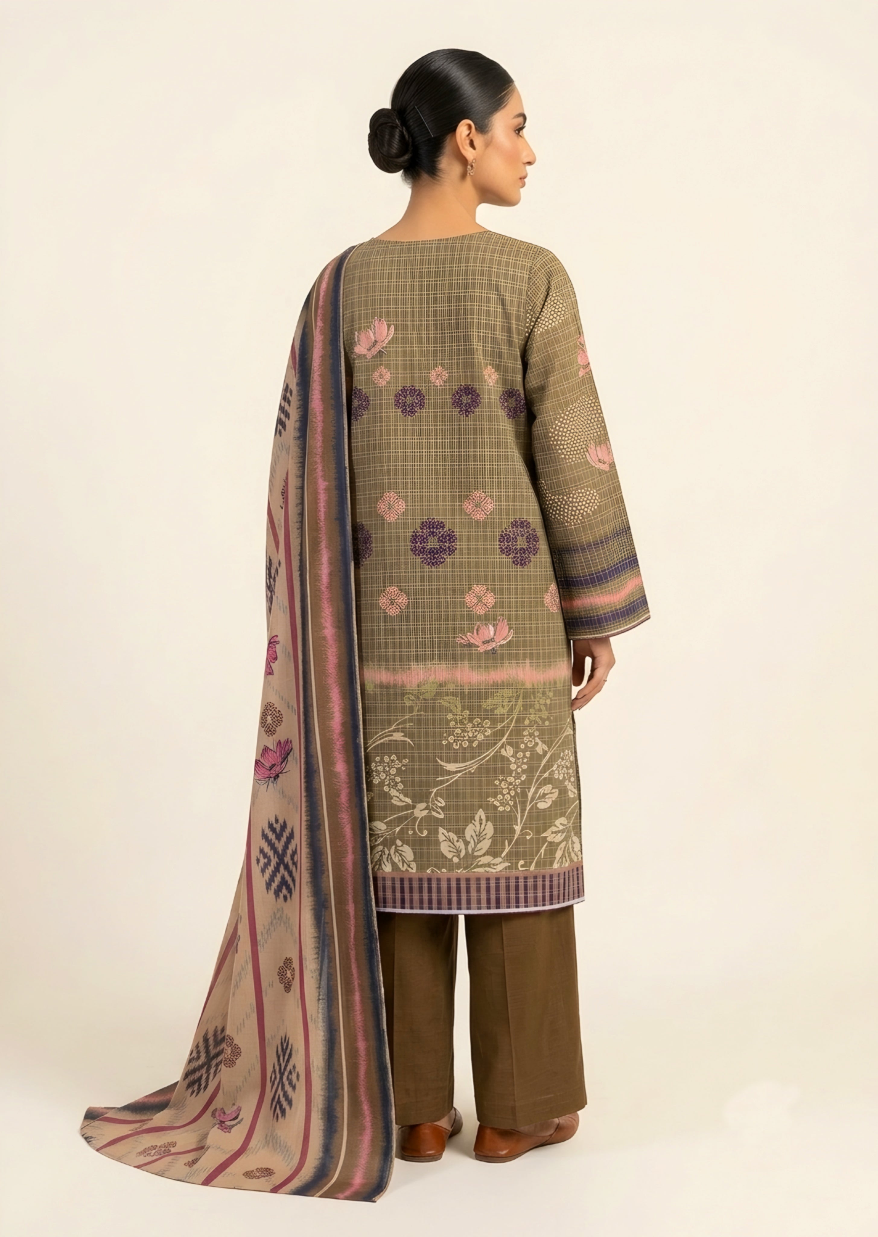 khaddar Unstitched in Dark brown, peanut