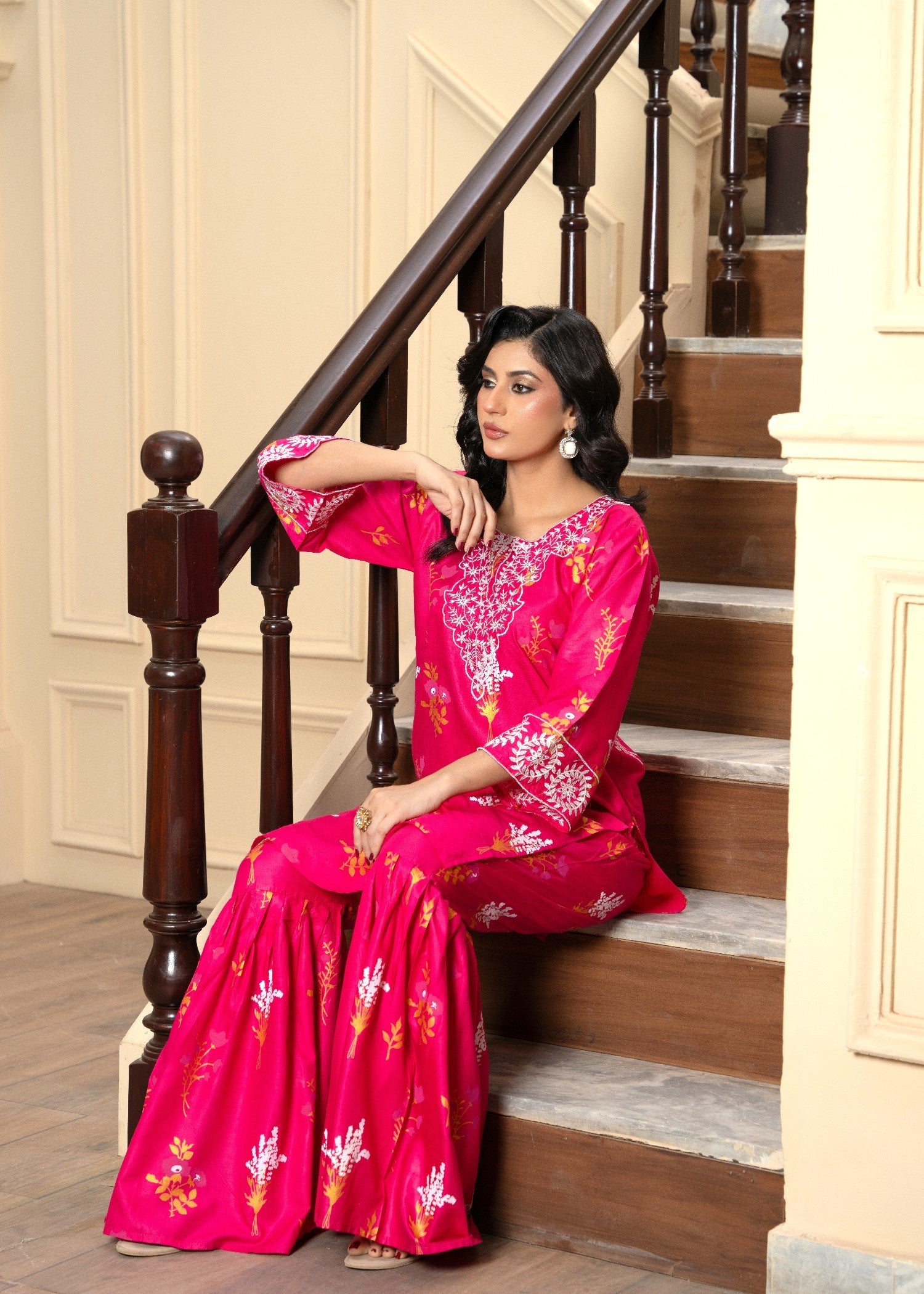 cambric Gharara in Hot pink
