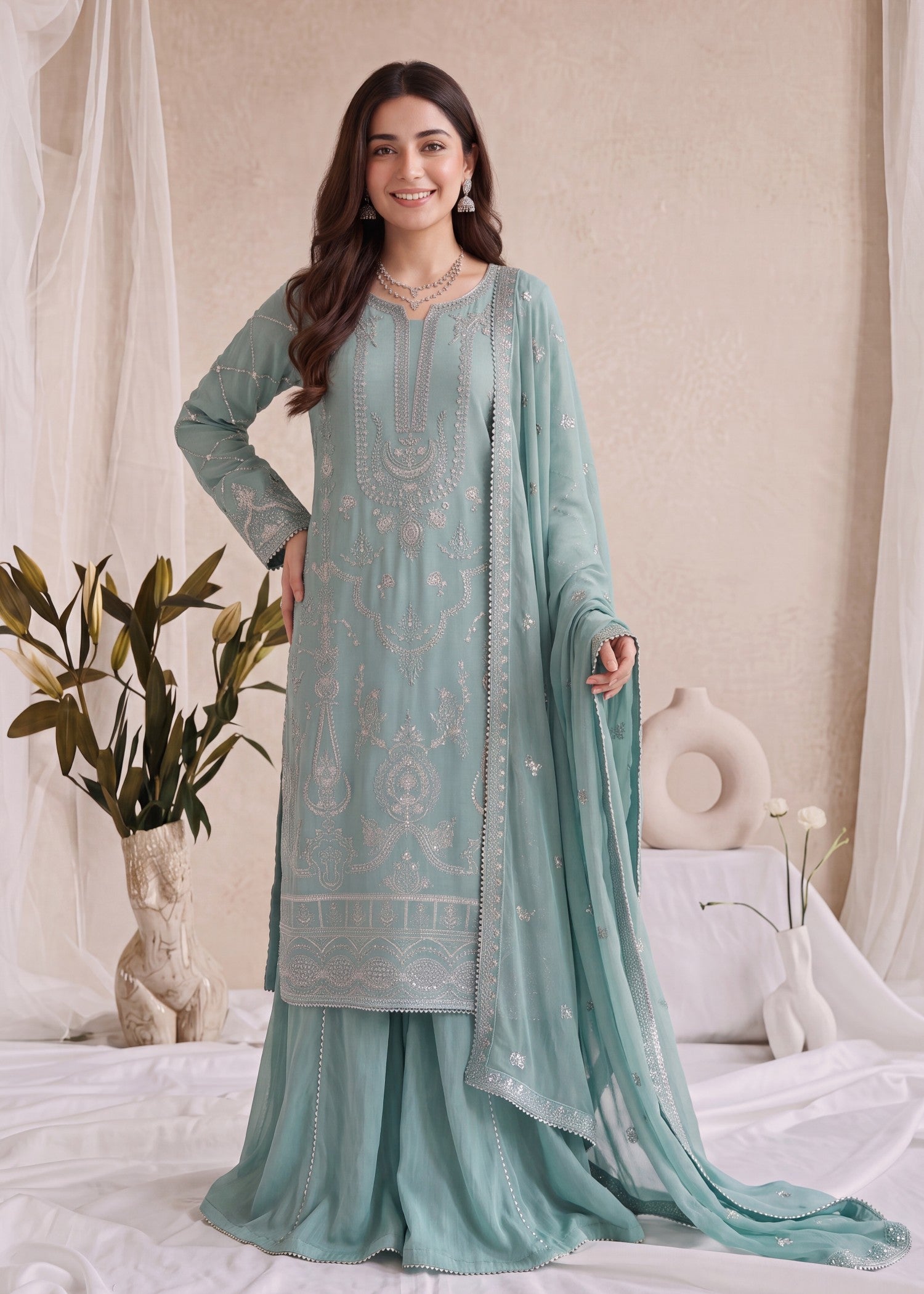 pk crinkle chiffon Kurta Set in Aquamarine