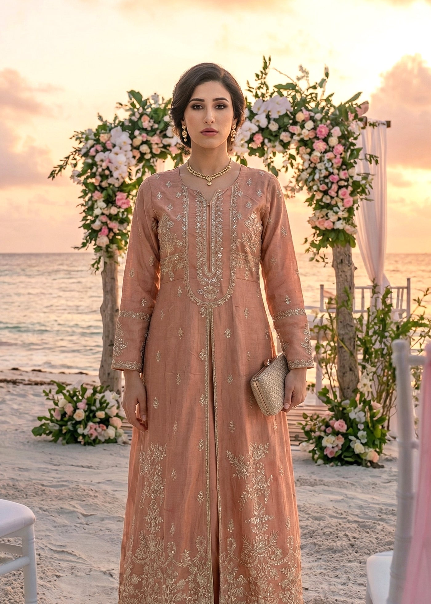 raw silk Maxi in Peach pink
