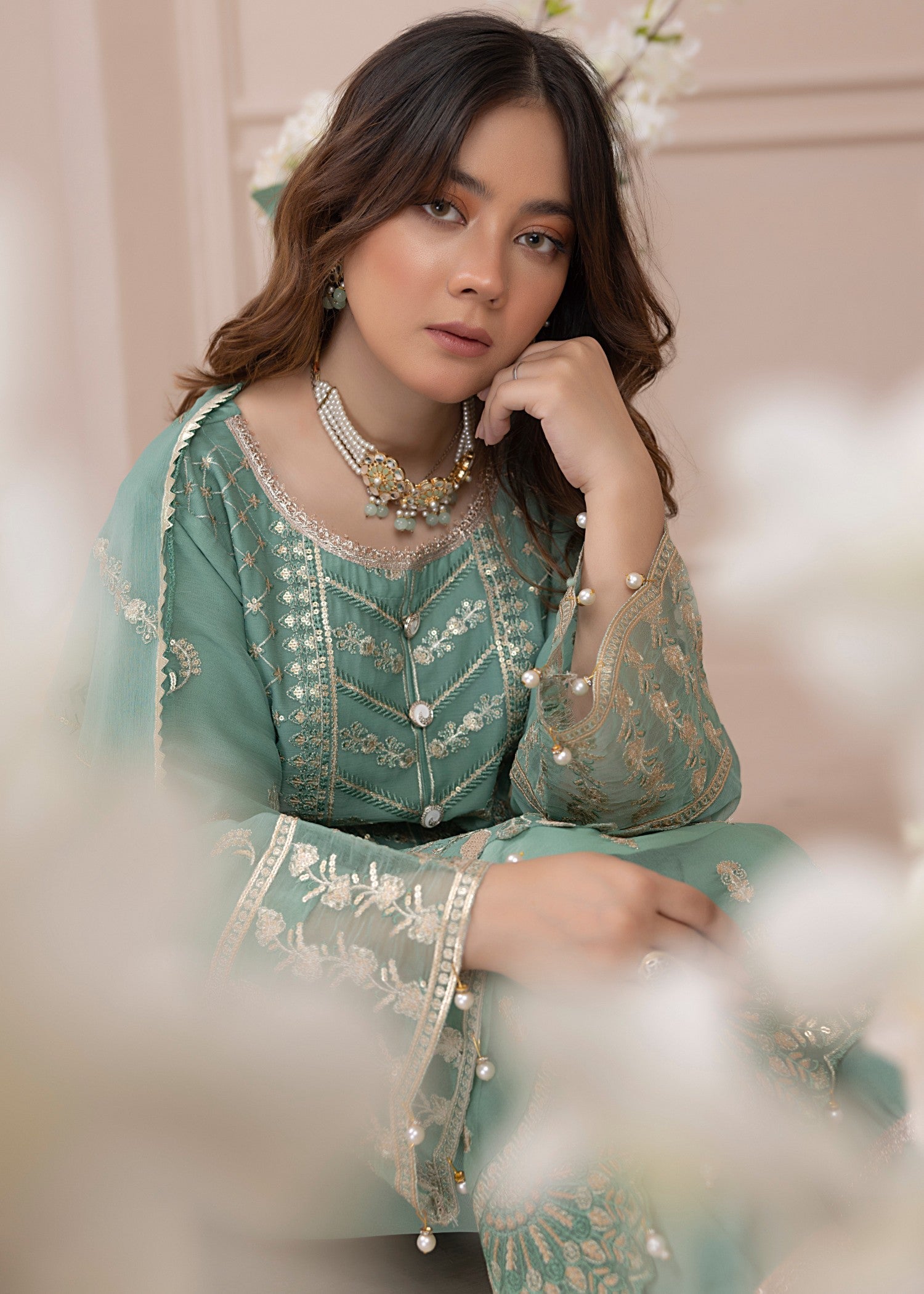chiffon Kurta Set in Mint green