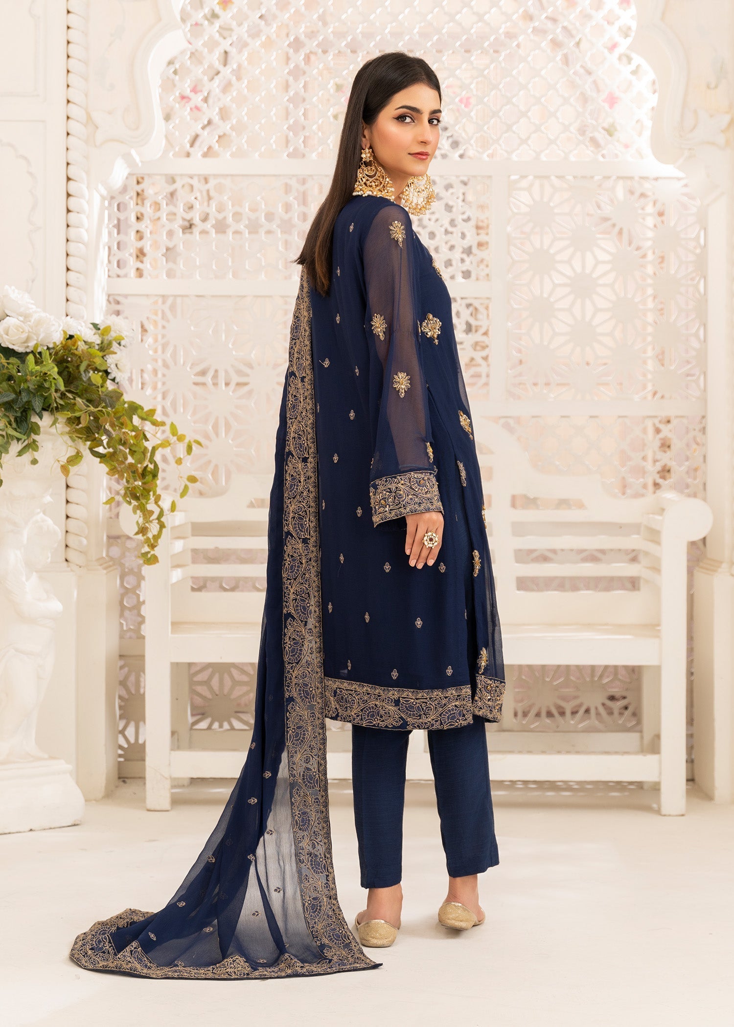 chiffon Kurta Set in Dark blue