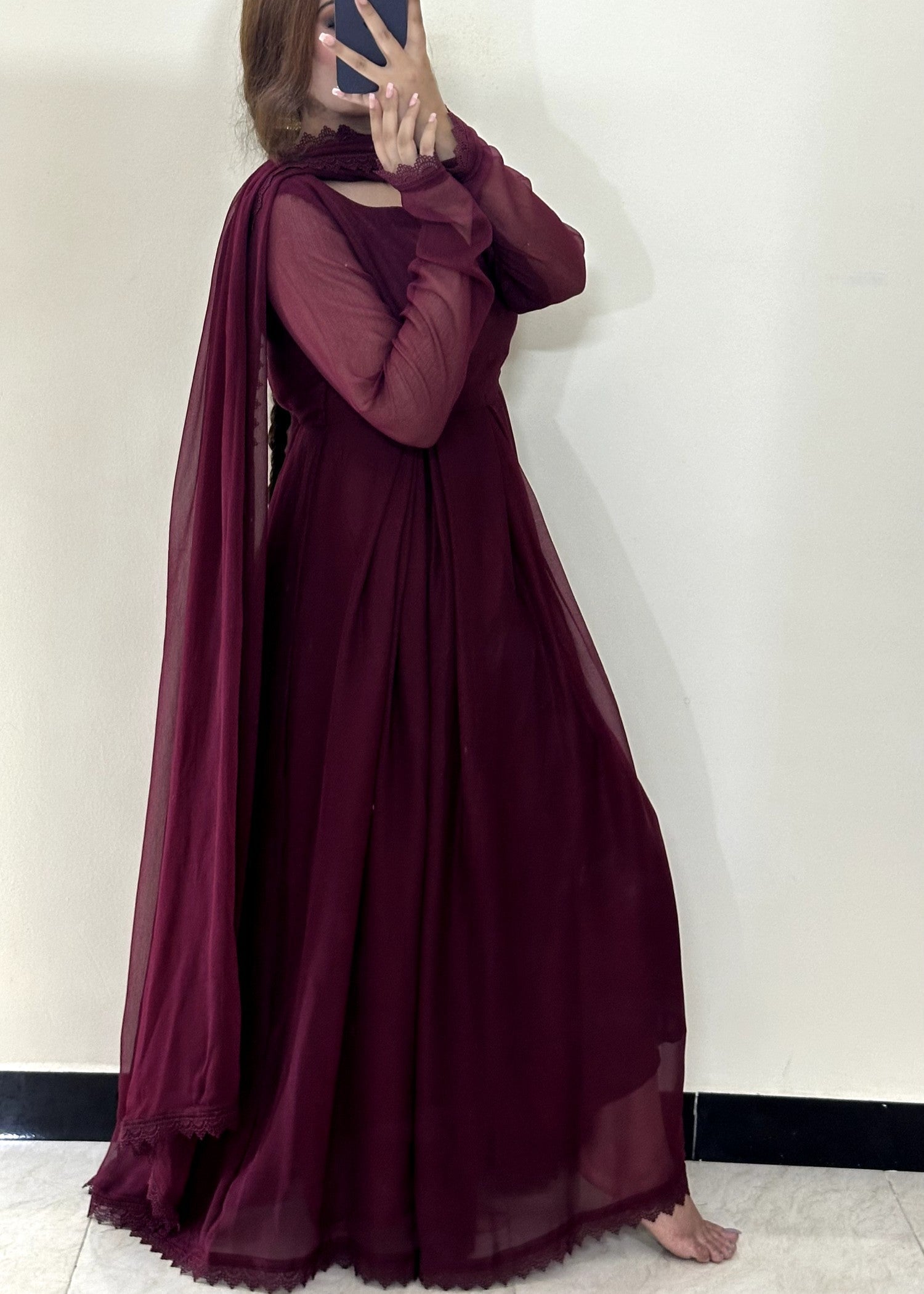 bemberg crinkle chiffon Anarkali in Burgundy