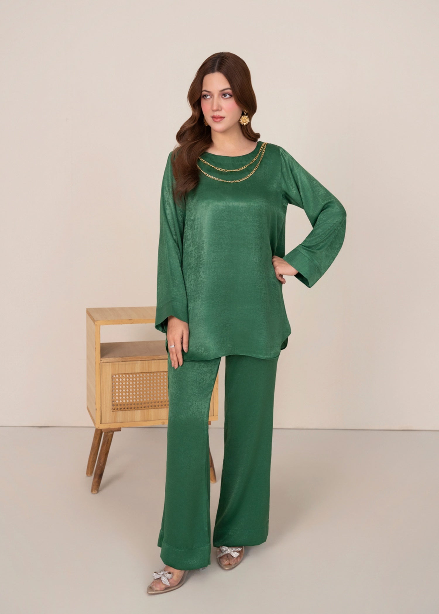 silk satin velvet Co ord Sets in Jade green