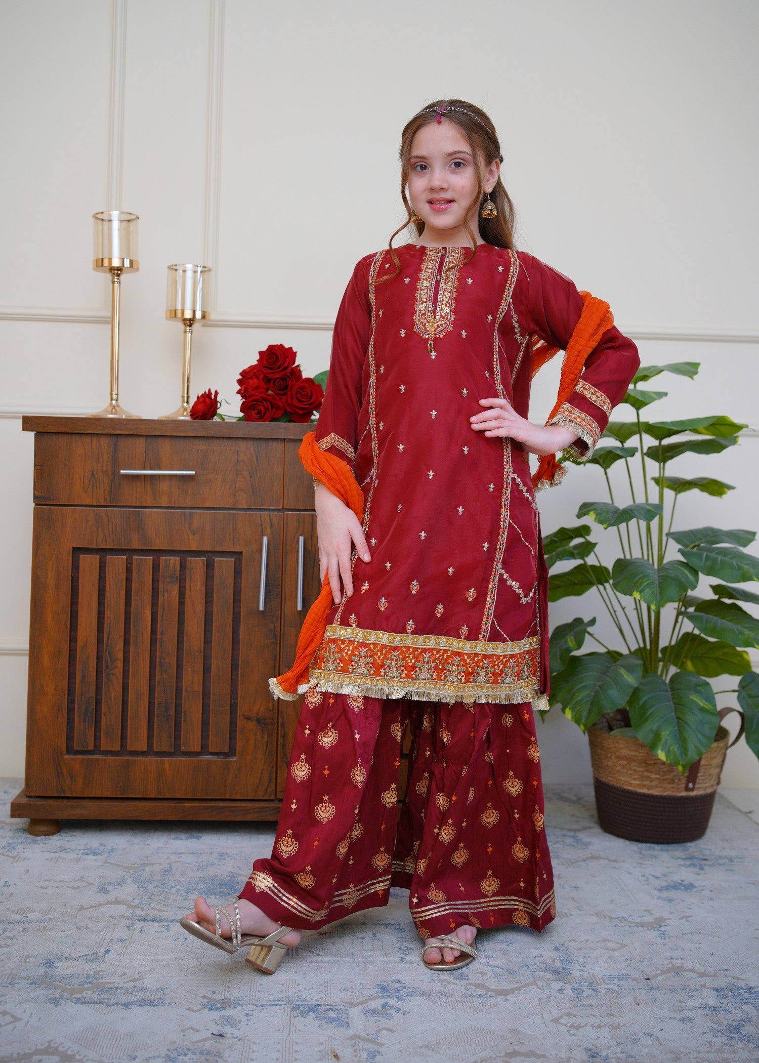 organza Gharara in Deep carmine