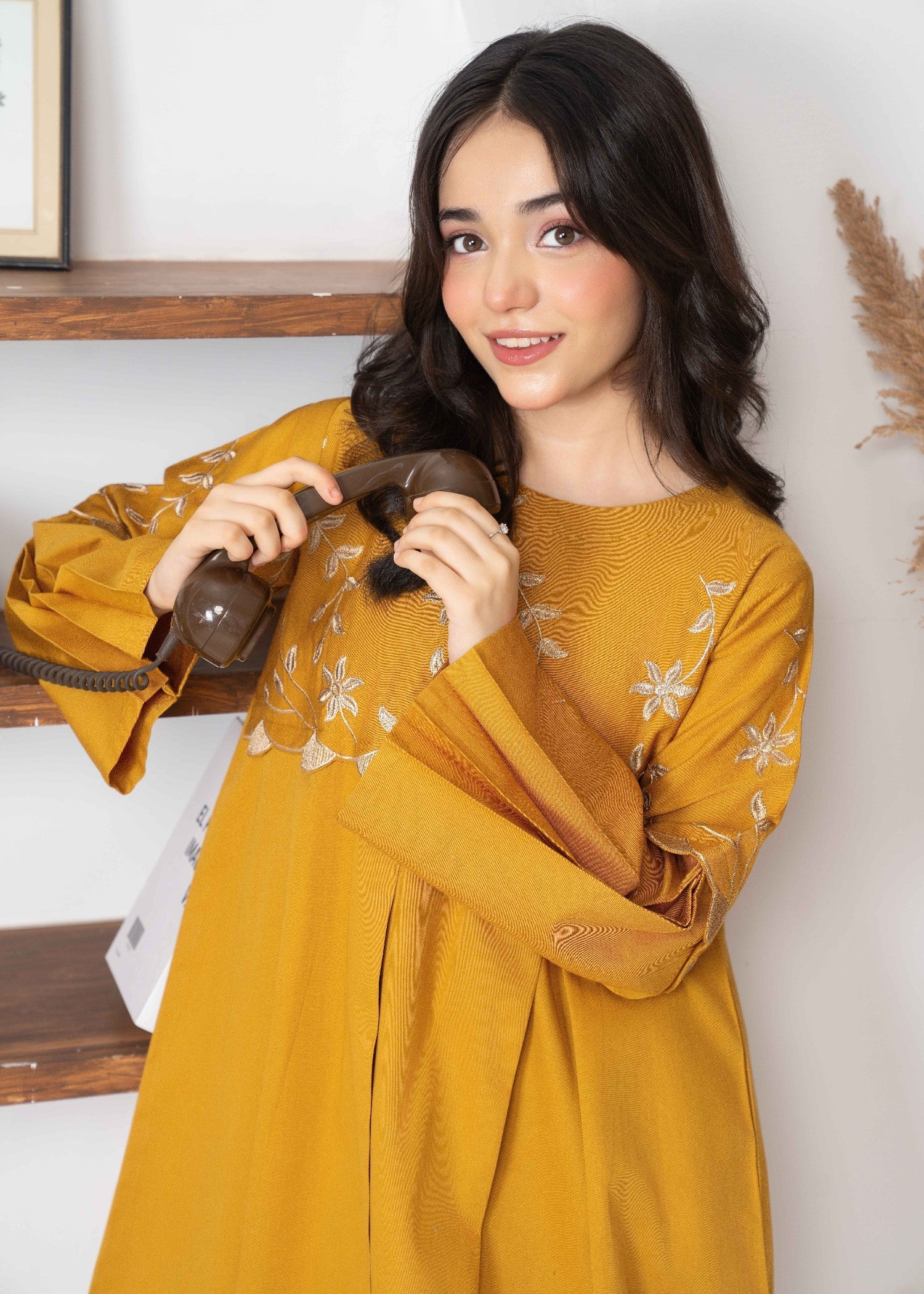 twill khaddar Short Frock in Autumn gold