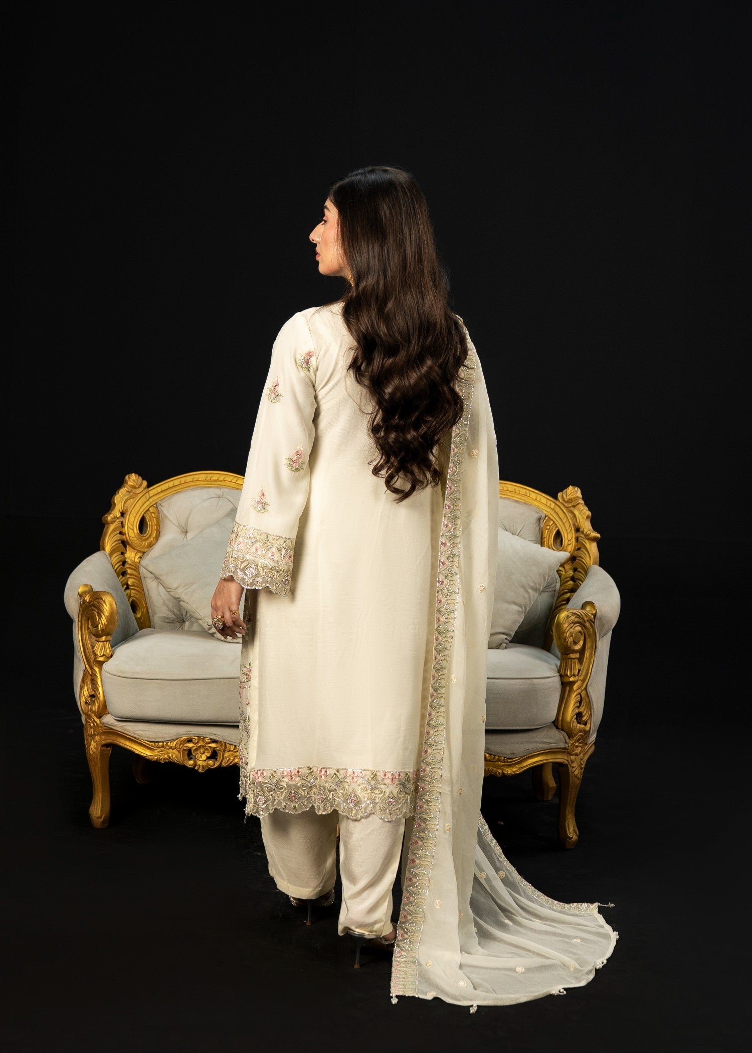 crinkle chiffon Kurta Set in Ivory