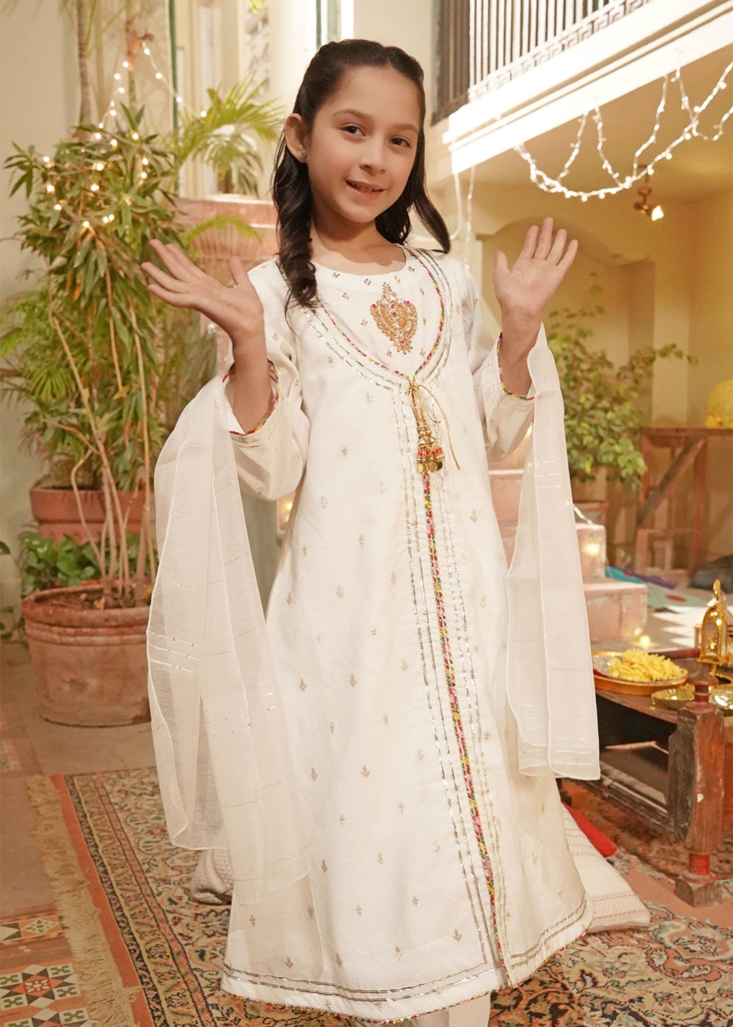viscose jacquard Pishwas in Ivory