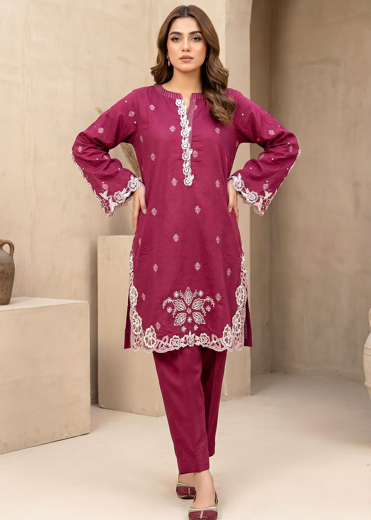 jacquard Kurti in Shocking pink