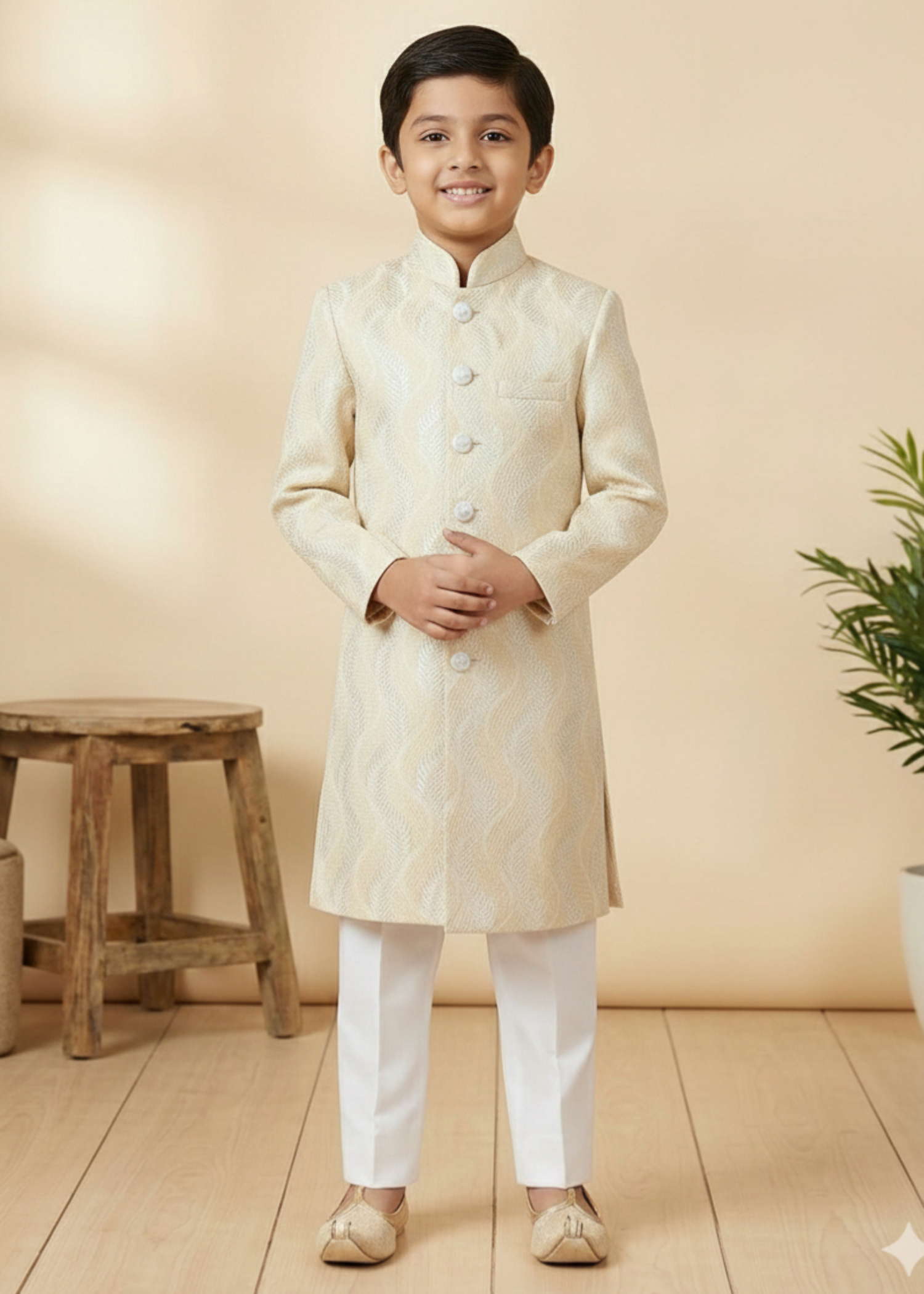 jamawar Sherwani in Cream